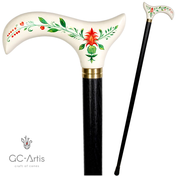 White Hand Painted Derby Wooden Walking Stick Cane Artist fill Flowers
