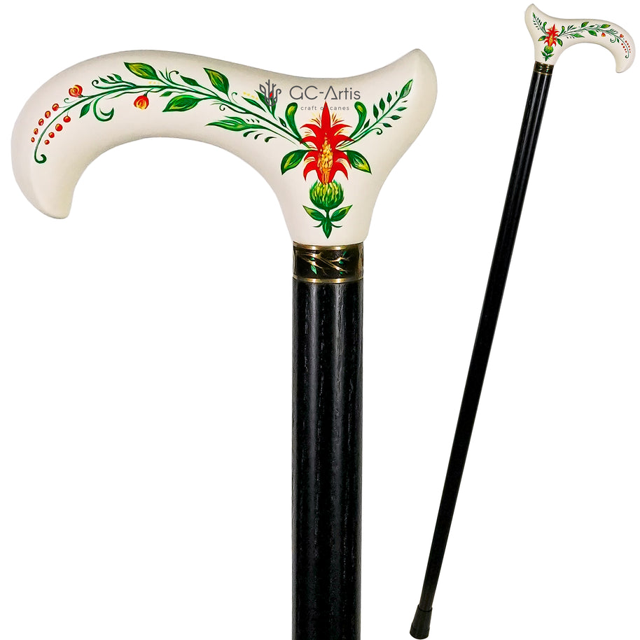 Canne de marche en bois Derby peinte à la main en blanc, motif floral