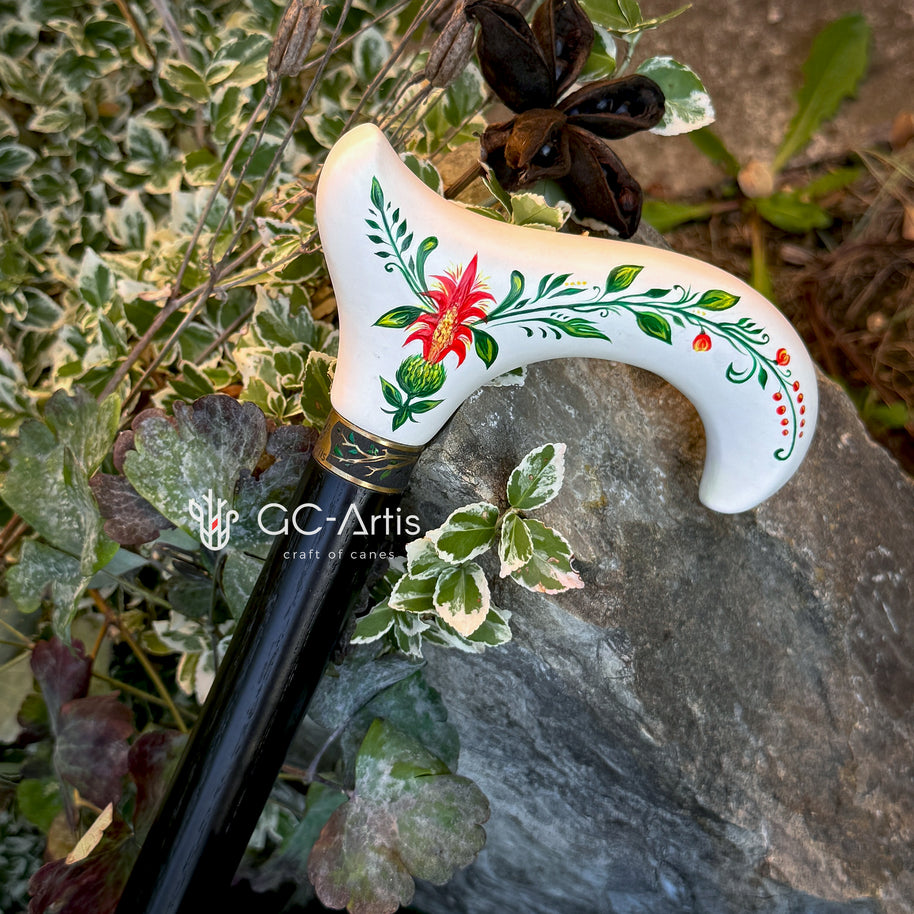Canne de marche en bois Derby peinte à la main en blanc, motif floral