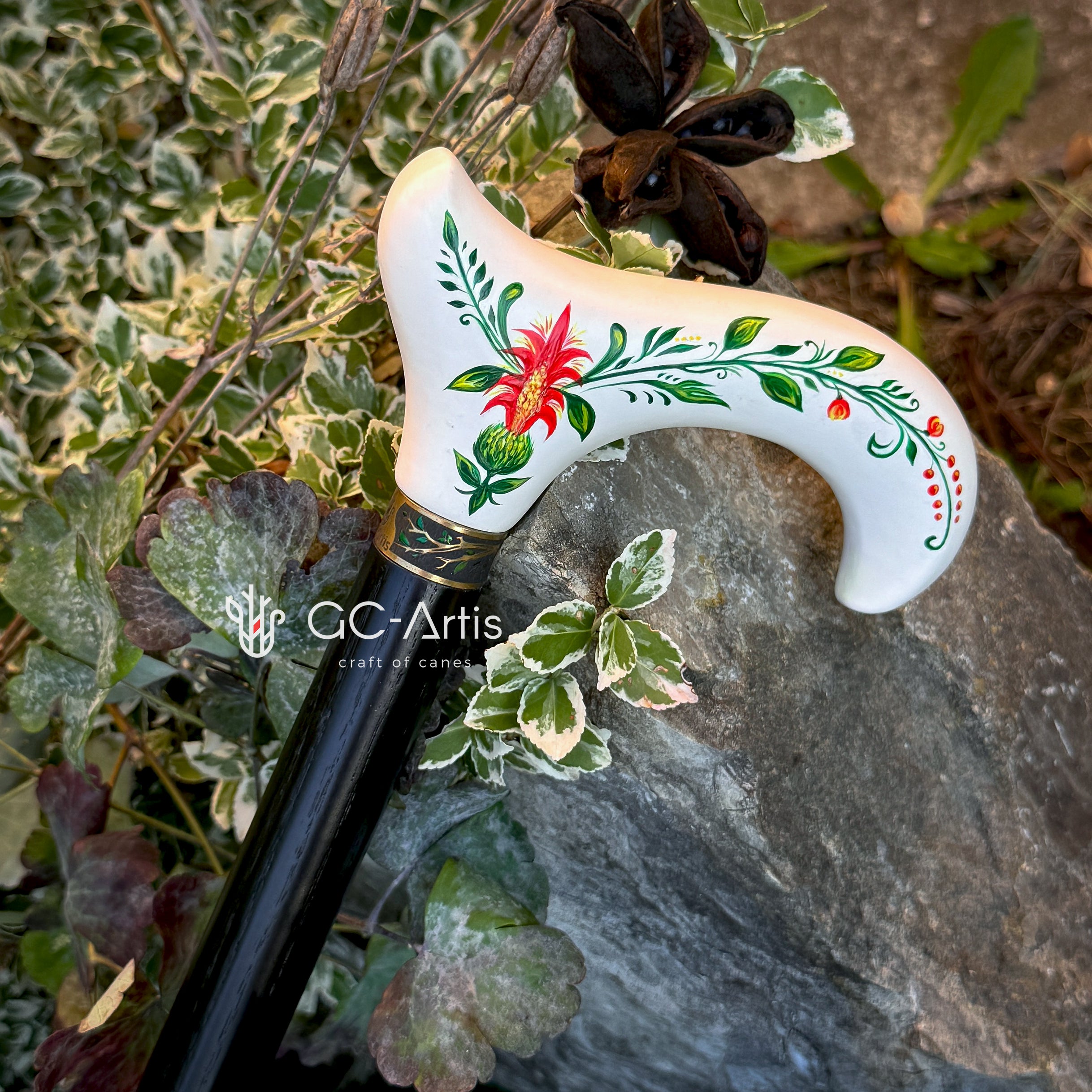 White Hand Painted Derby Wooden Walking Stick Cane Artist fill Flowers