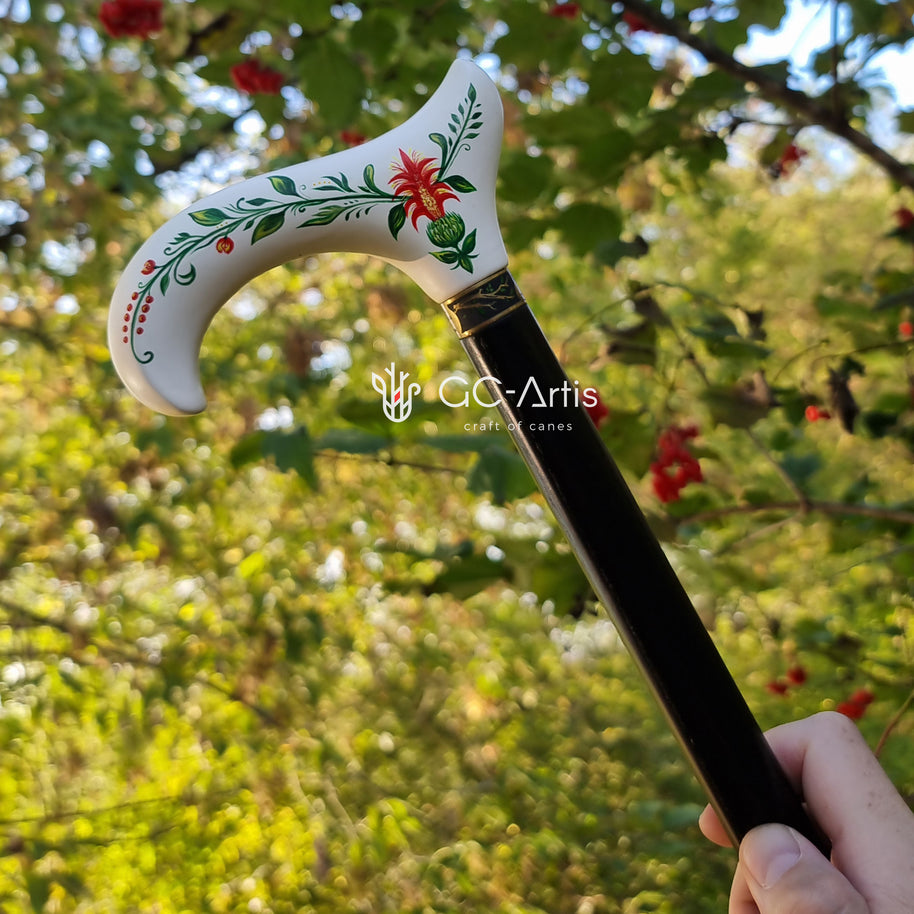 Canne de marche en bois Derby peinte à la main en blanc, motif floral