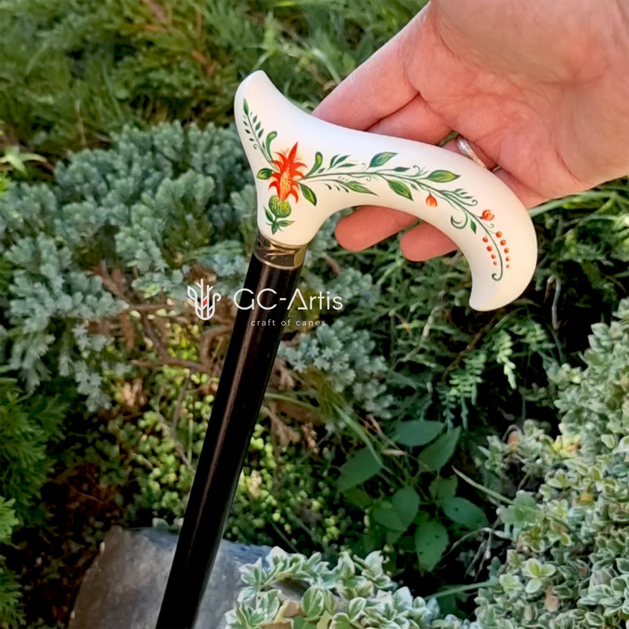 Canne de marche en bois Derby peinte à la main en blanc, motif floral