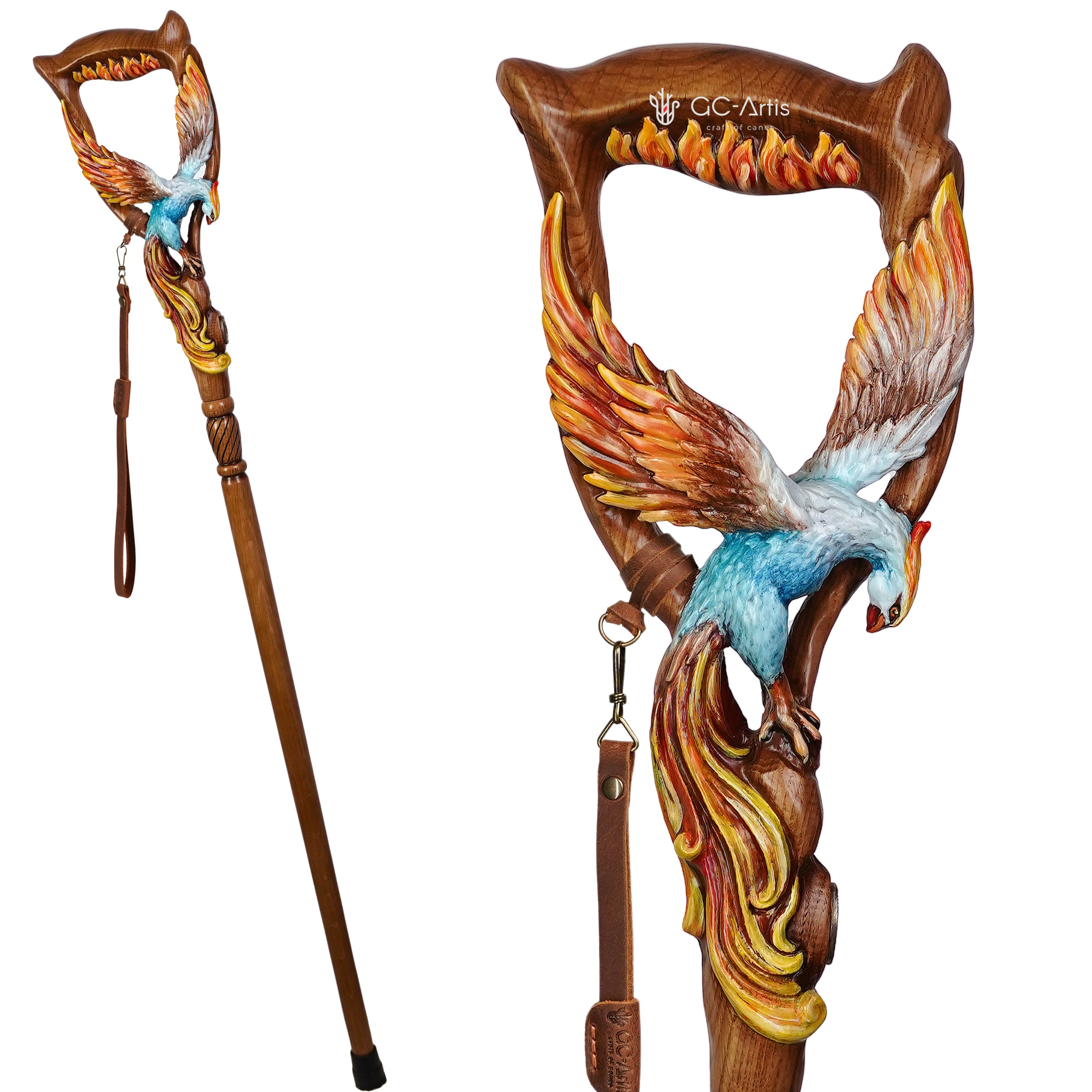 Phoenix Bird Hand Painted – Hand-Carved Wooden Walking Cane