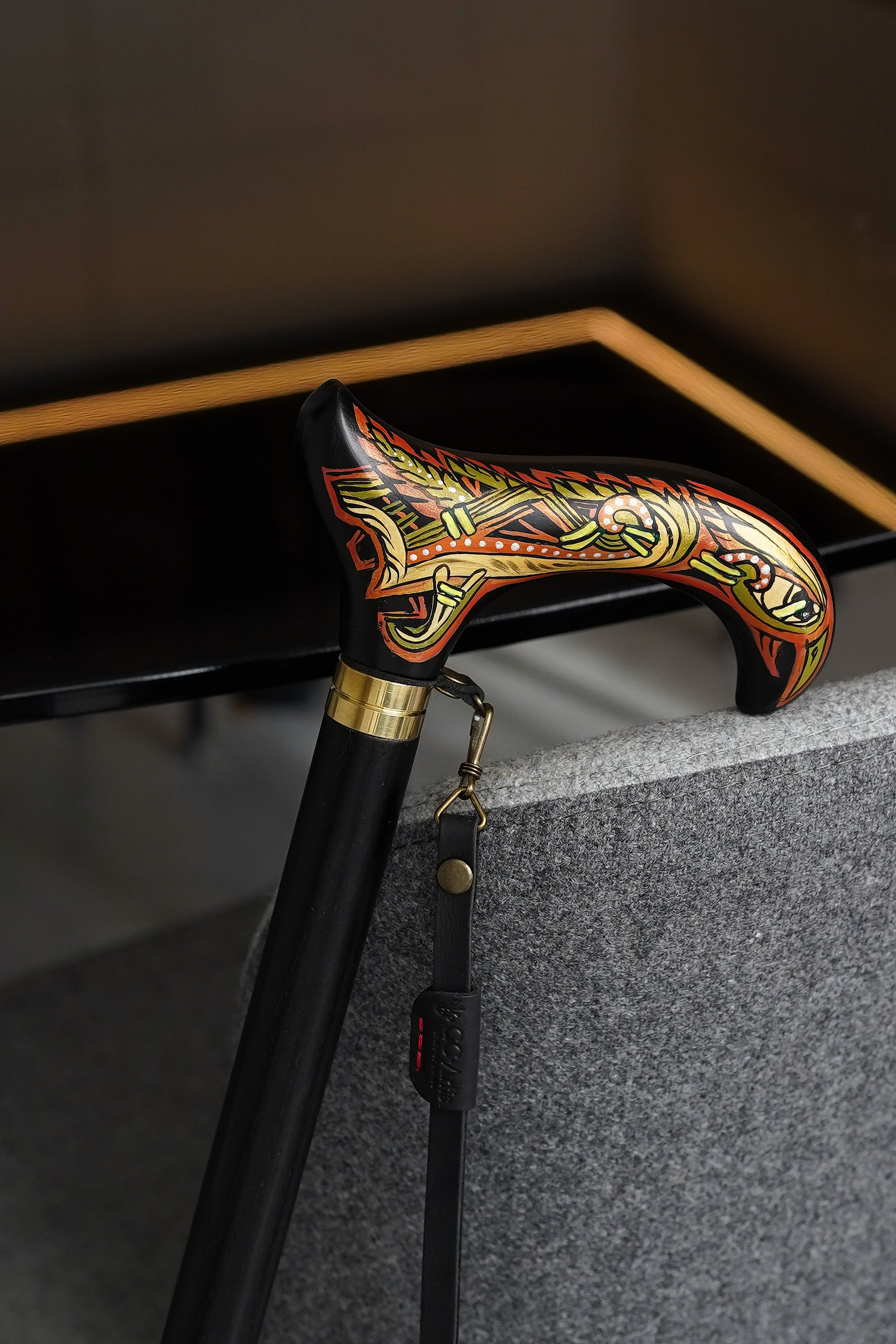 Celtic Raven Walking Stick Hand Painted Black Derby Wooden Cane