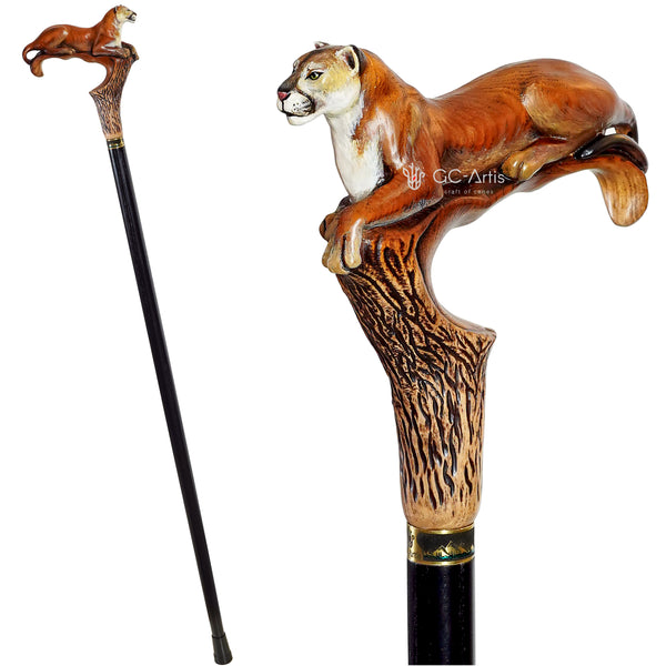 American Puma, Wild Cat Light Wooden Handpainted Walking Stick Cane