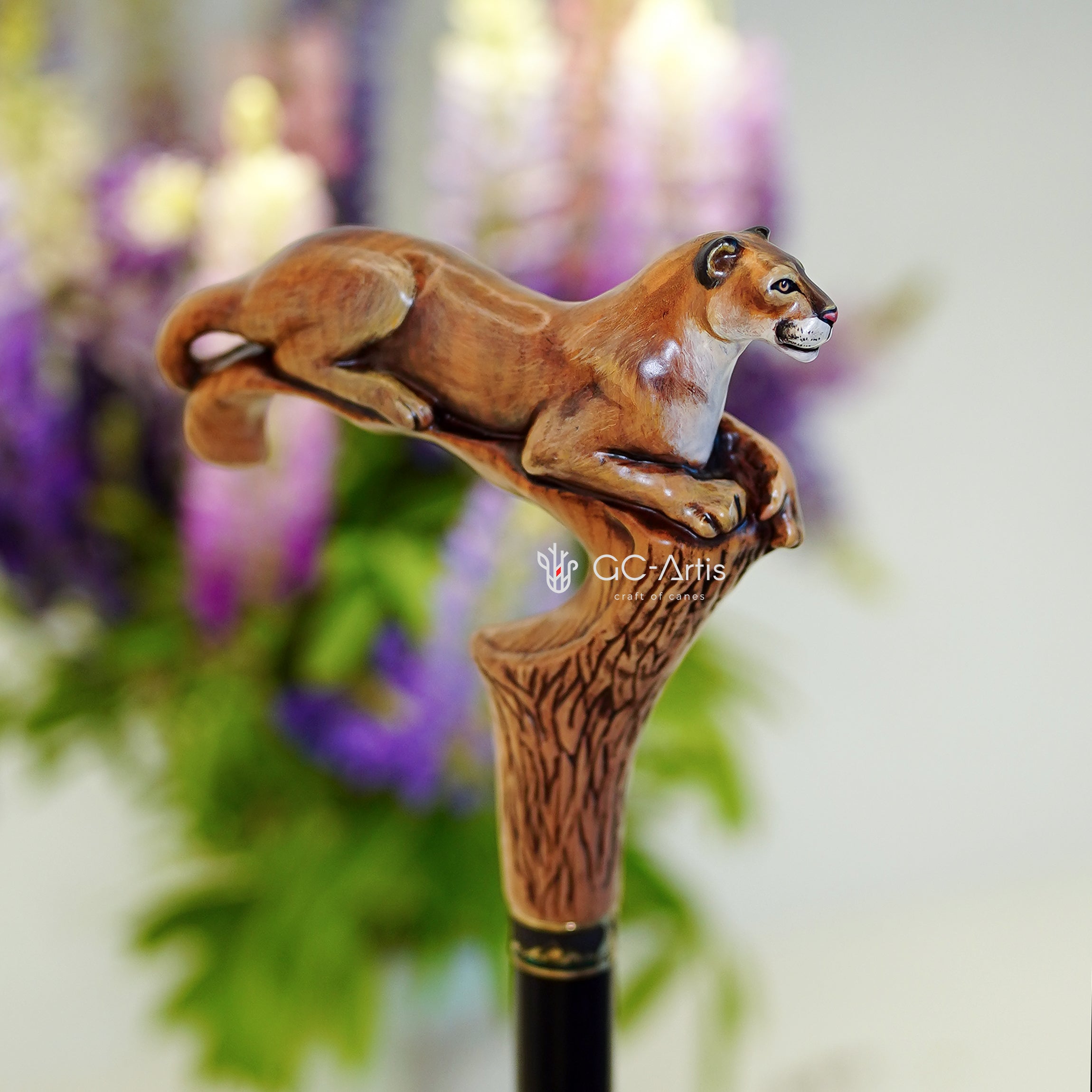 American Puma, Wild Cat Light Wooden Handpainted Walking Stick Cane