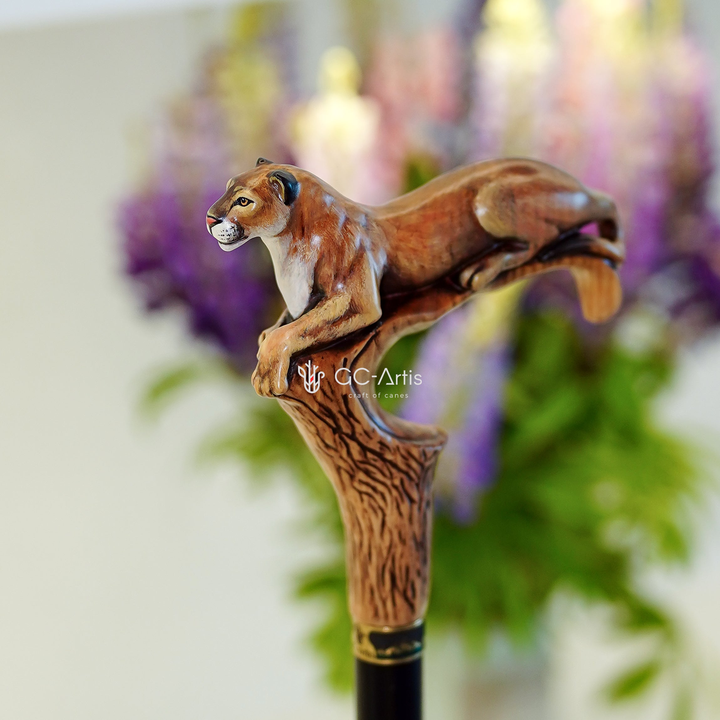 American Puma, Wild Cat Light Wooden Handpainted Walking Stick Cane