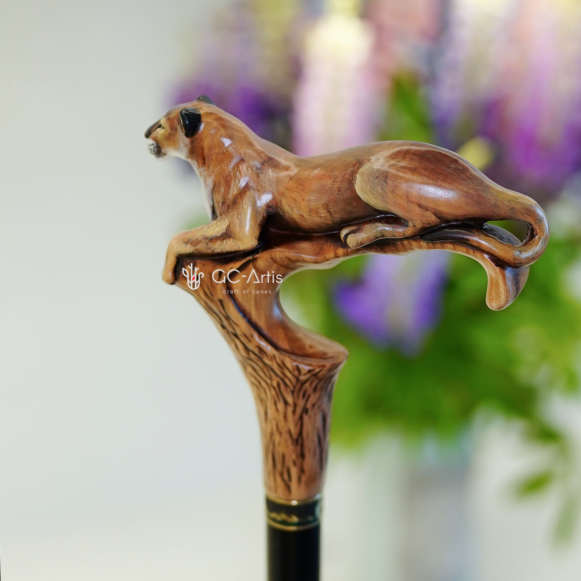 American Puma, Wild Cat Light Wooden Handpainted Walking Stick Cane