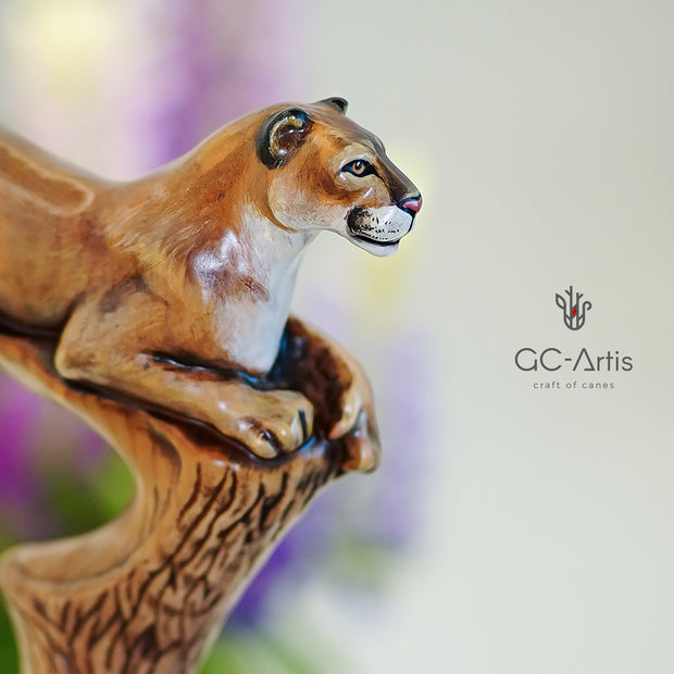 American Puma, Wild Cat Light Wooden Handpainted Walking Stick Cane