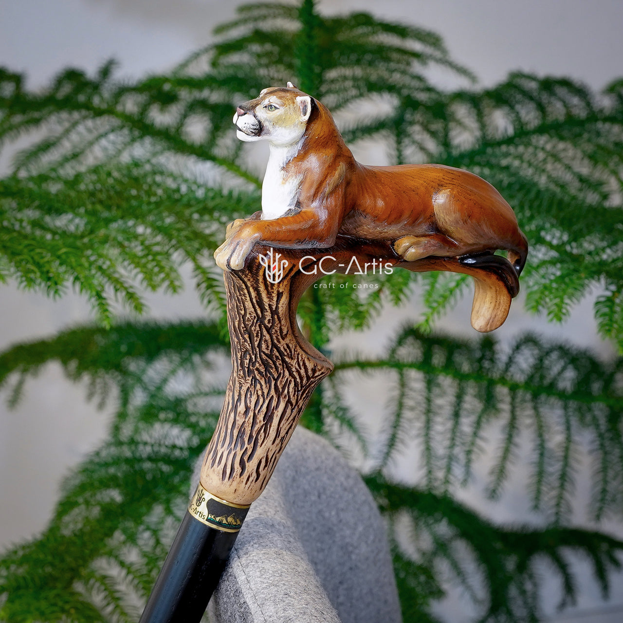 American Puma, Wild Cat Light Wooden Hanpainted Walking Stick Cane