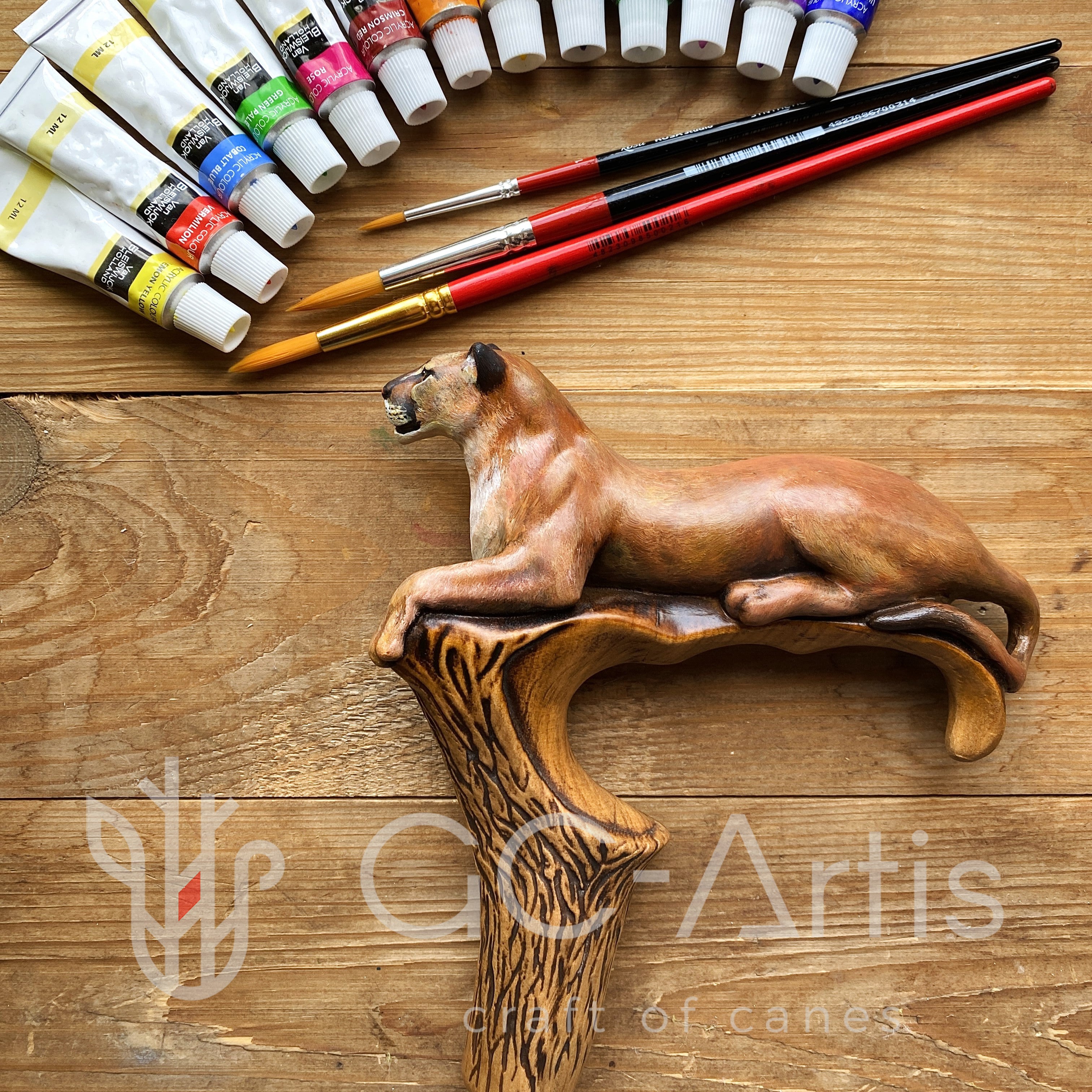 American Puma, Wild Cat Light Wooden Handpainted Walking Stick Cane