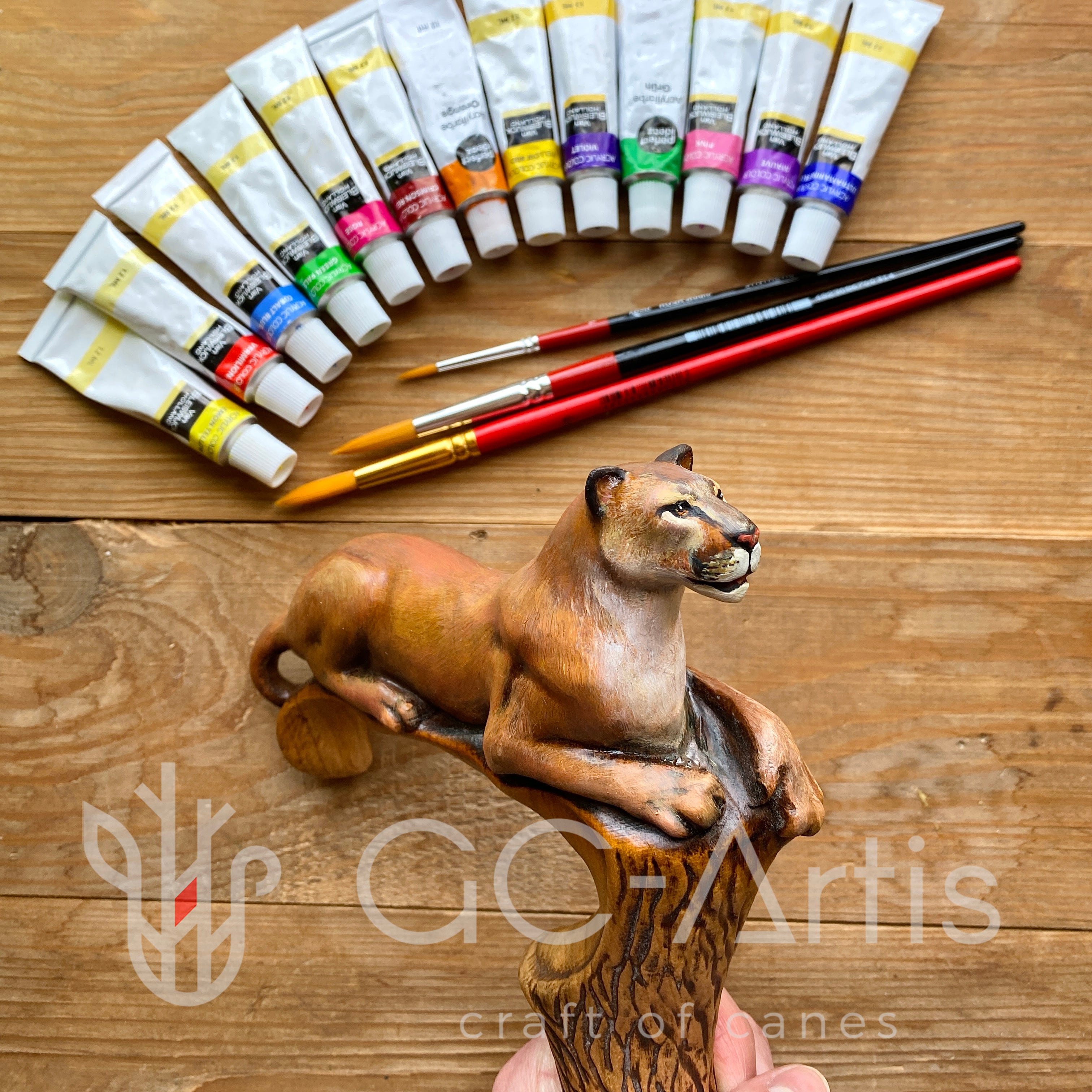 American Puma, Wild Cat Light Wooden Handpainted Walking Stick Cane