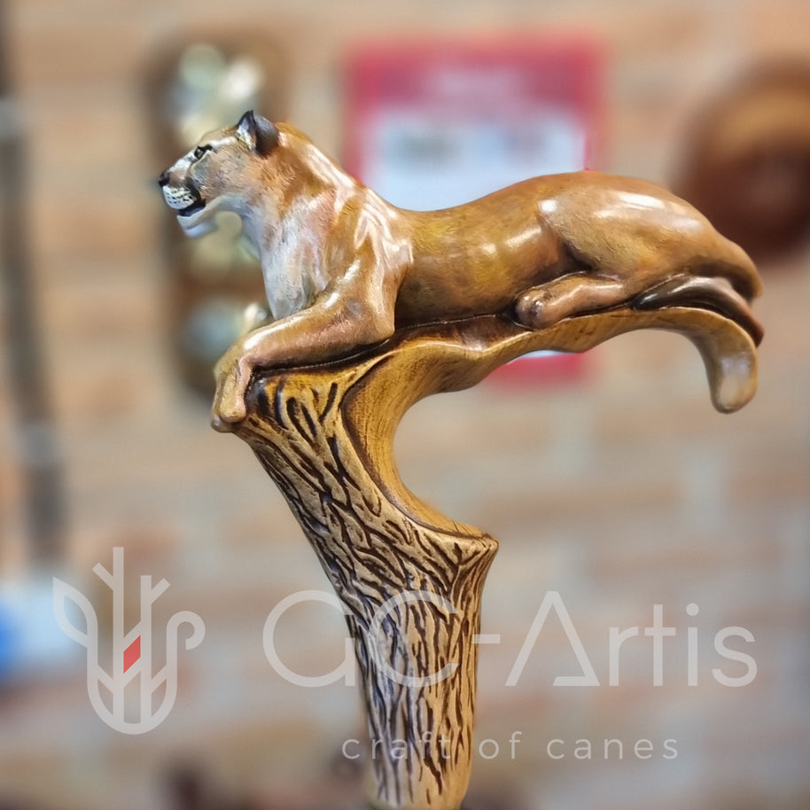 Canne de marche en bois clair peinte à la main, motif Puma américain, chat sauvage