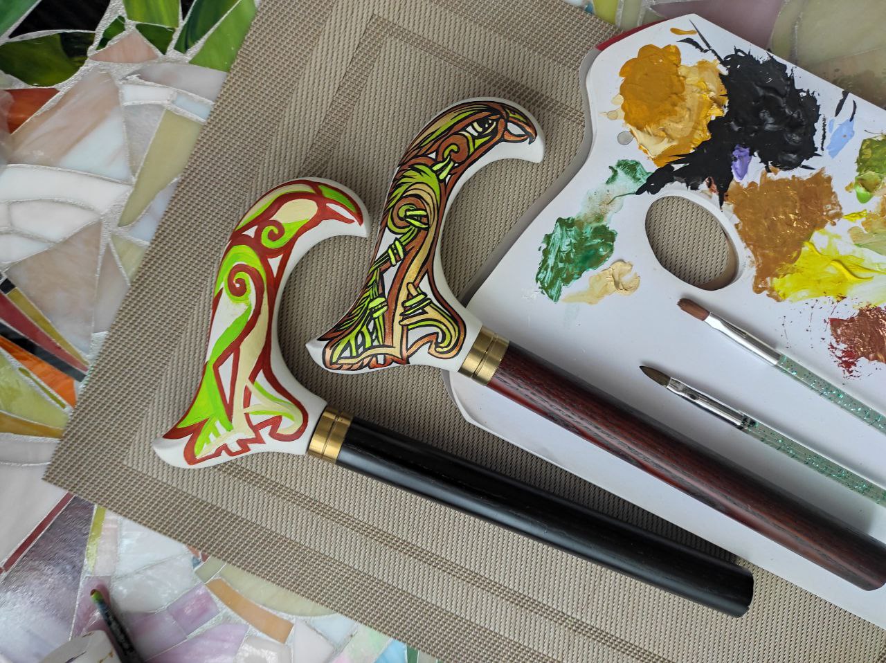 Celtic Raven Walking Stick Hand Painted Derby Wooden Cane