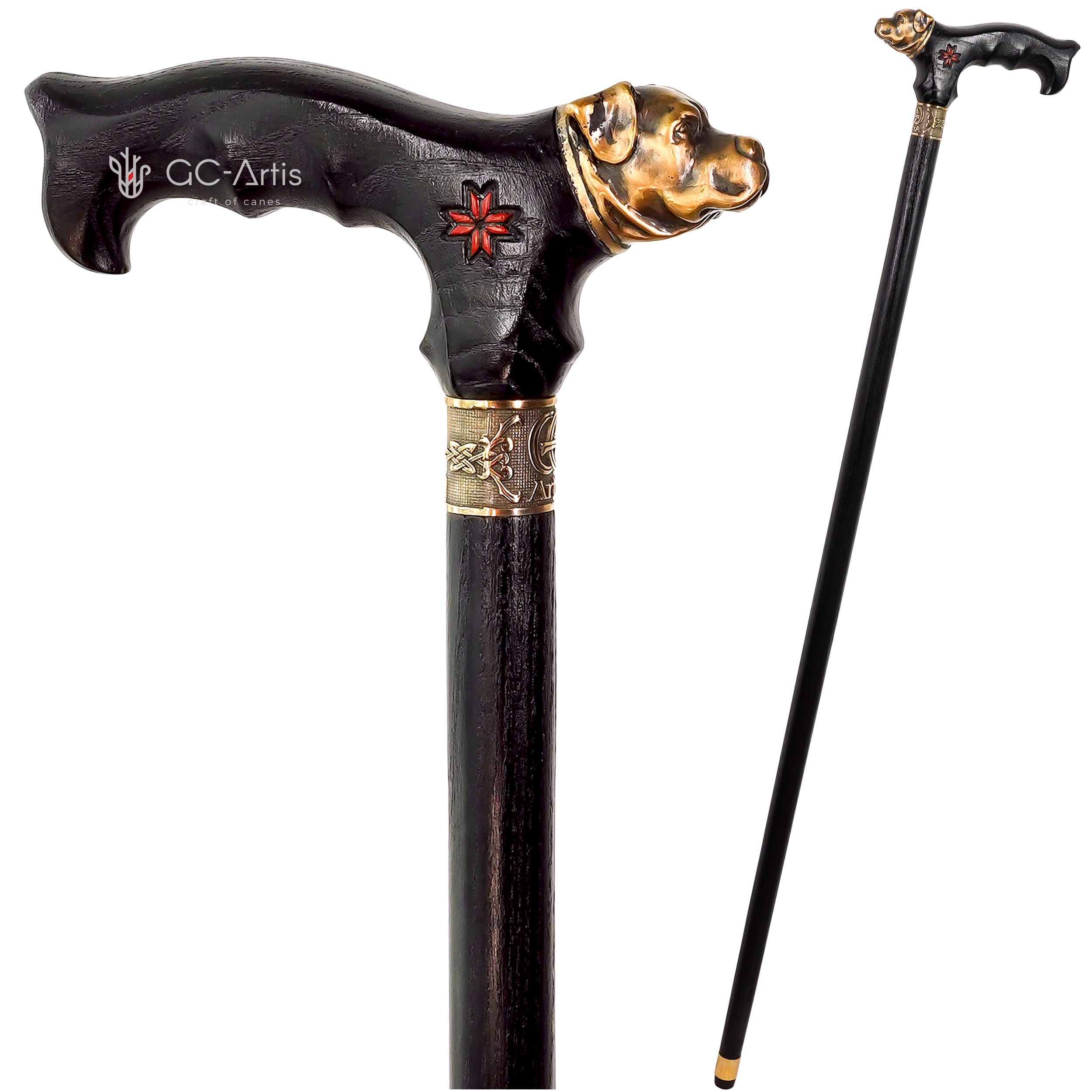 Rottweiler Dog Brass Walking Cane Wood & metal black handle stick