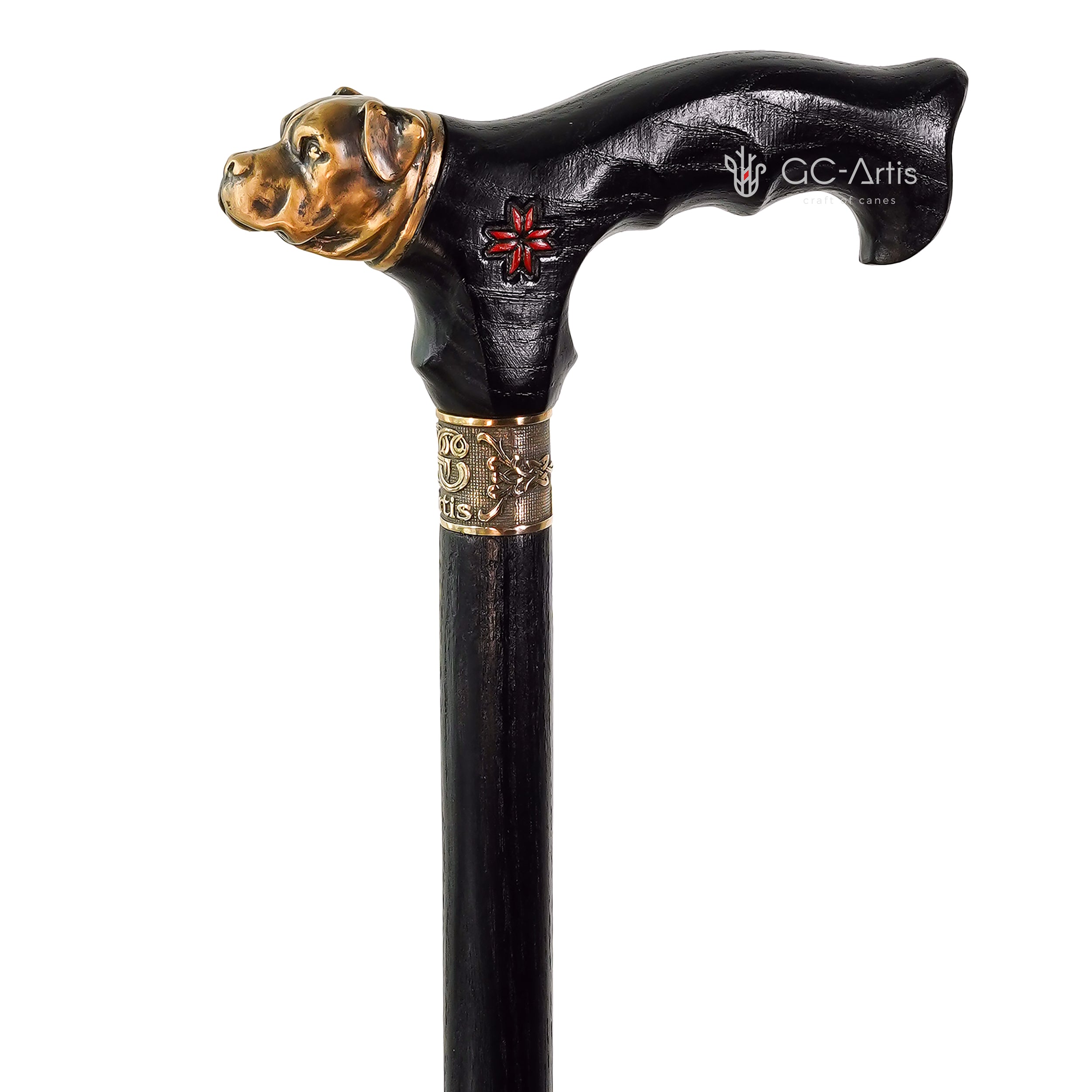 Rottweiler Dog Brass Walking Cane Wood & metal black handle stick