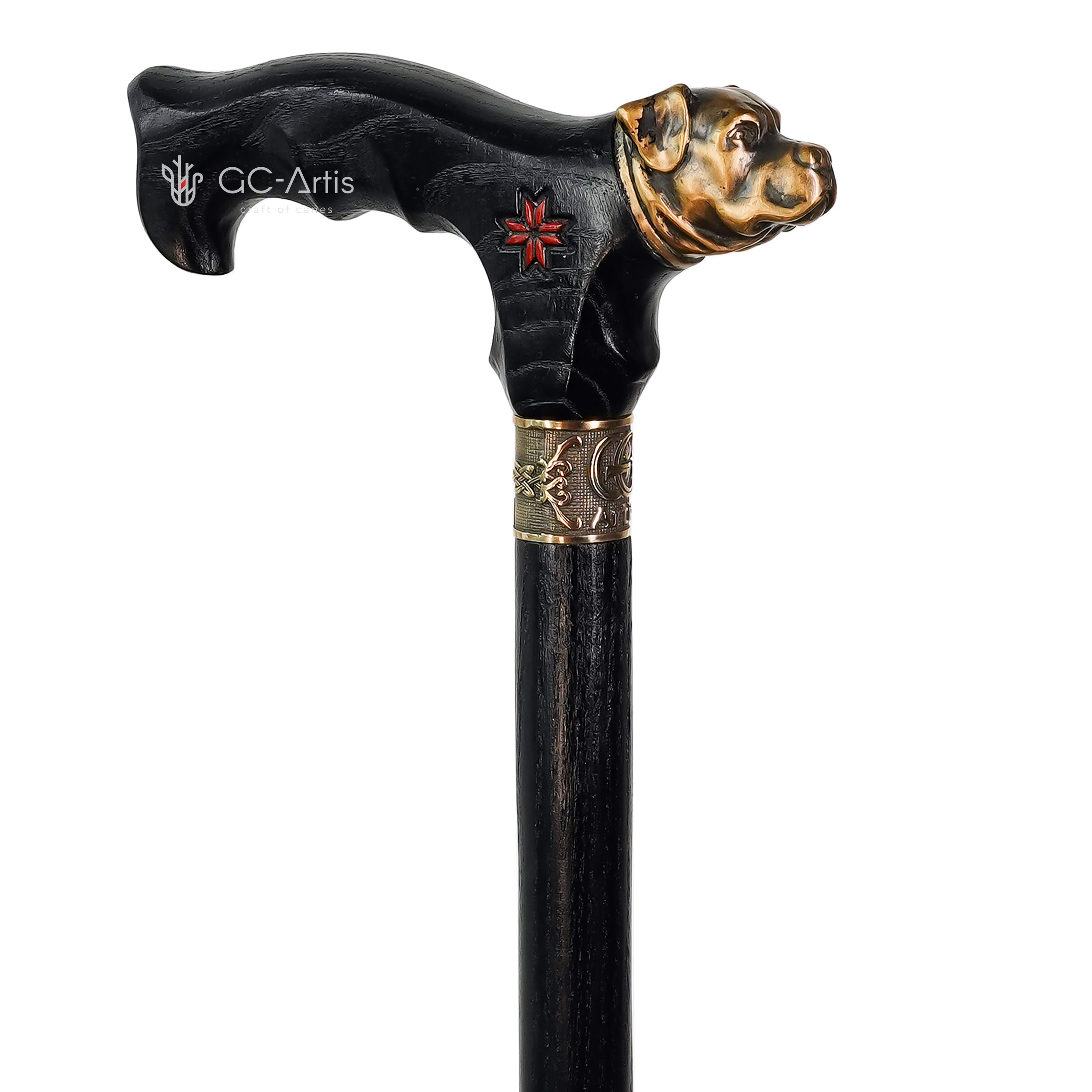 Rottweiler Dog Brass Walking Cane Wood & metal black handle stick