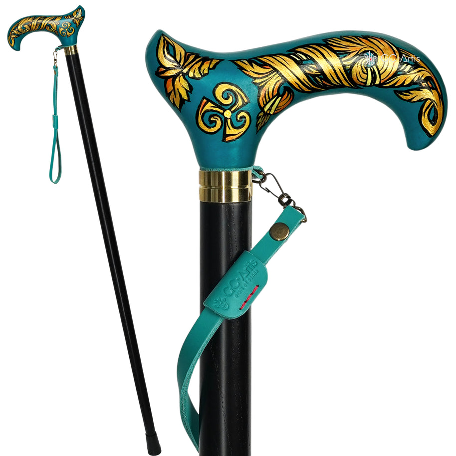 Runa Celtic on Aqua – Hand-Painted Artisan Walking Cane