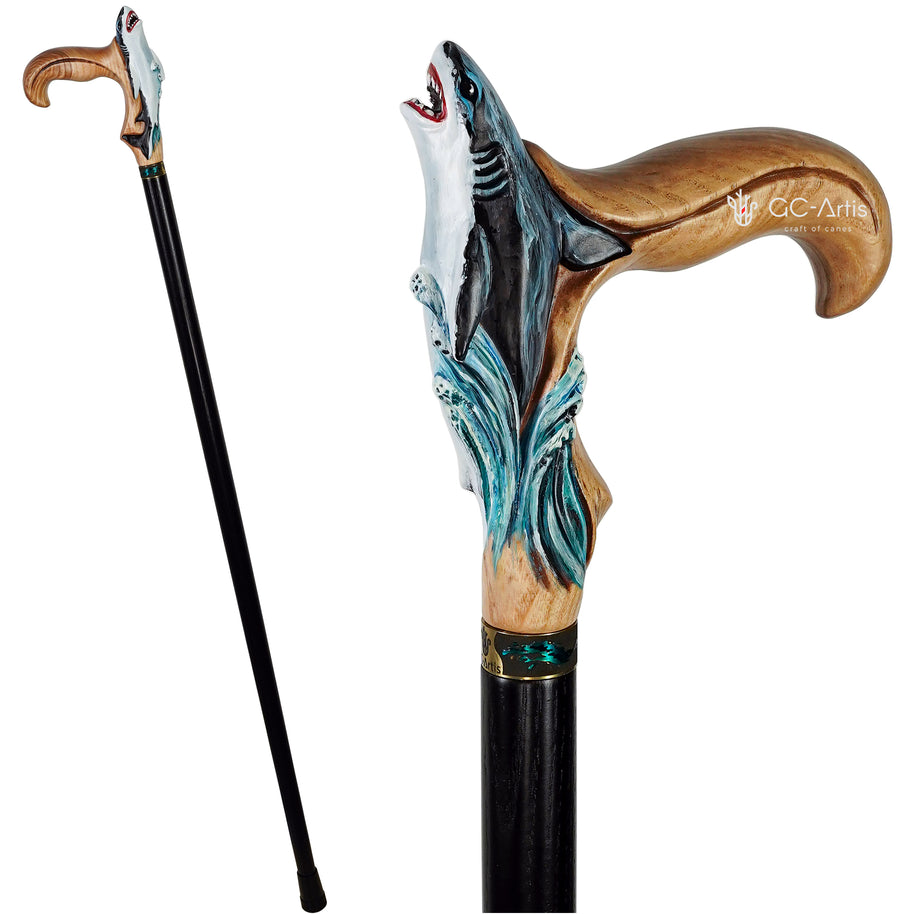 Shark Hand Painted Light Wood – Designer Wooden Walking Cane
