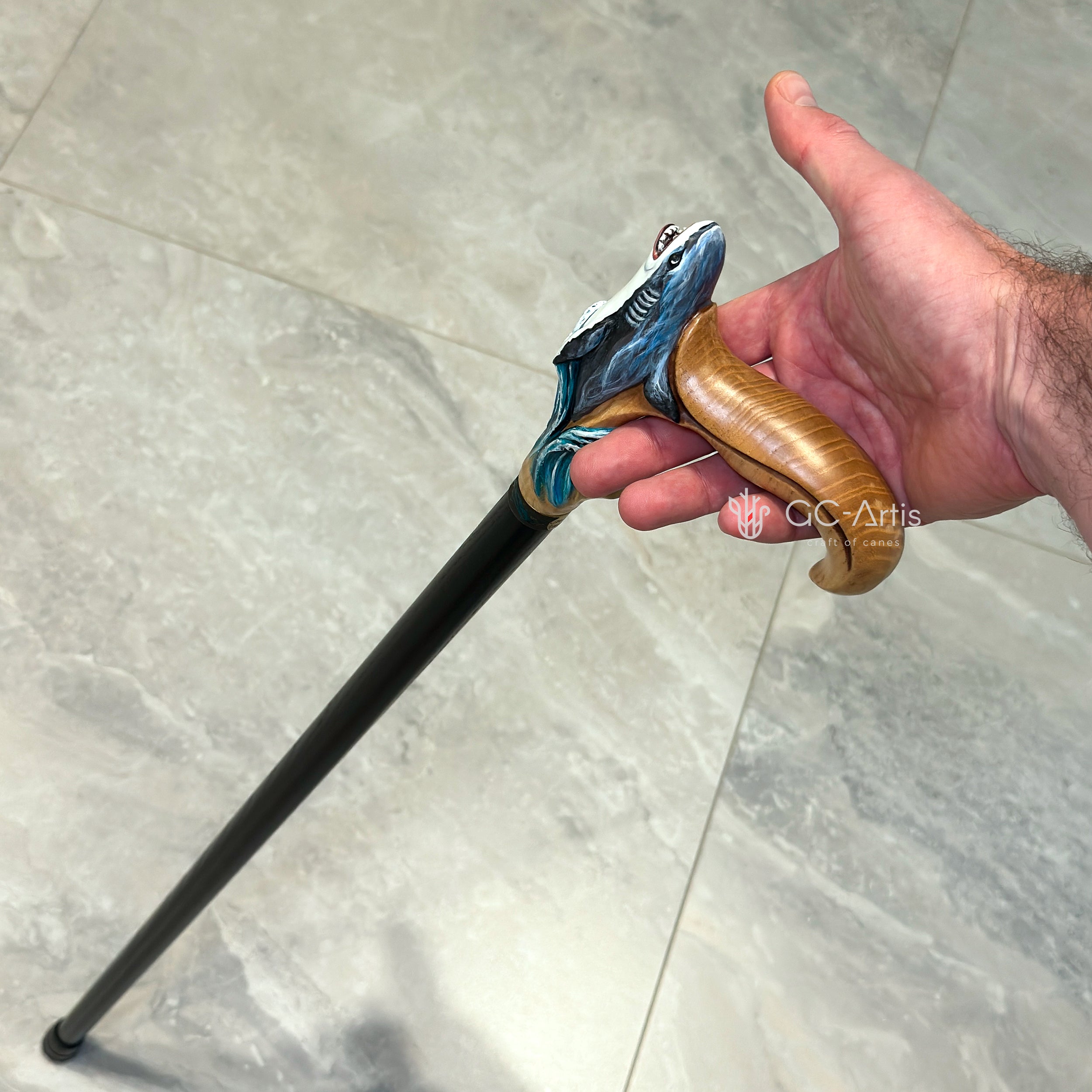 Light Wood Walking Cane Shark Fish Sea Style Handpainted