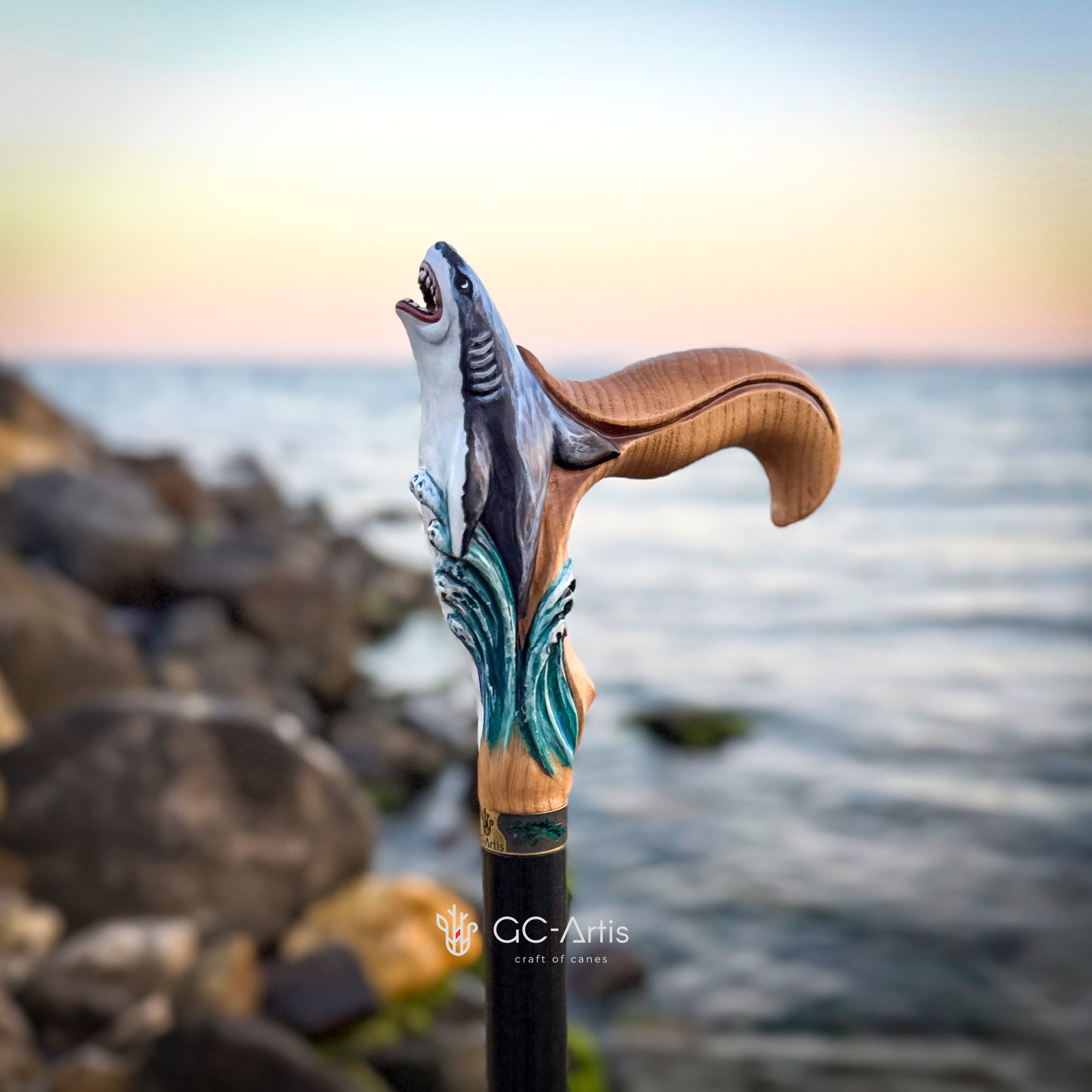 Light Wood Walking Cane Shark Fish Sea Style Handpainted