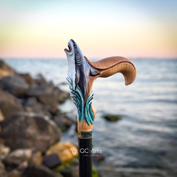Light Wood Walking Cane Shark Fish Sea Style Handpainted