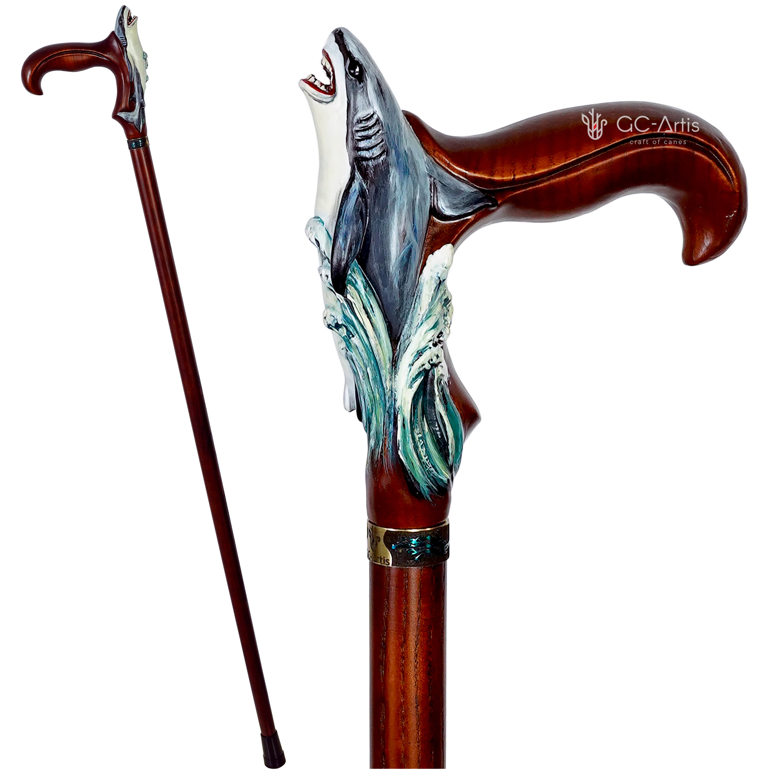 Wooden Cane Walking Stick Shark Fish Sea Style