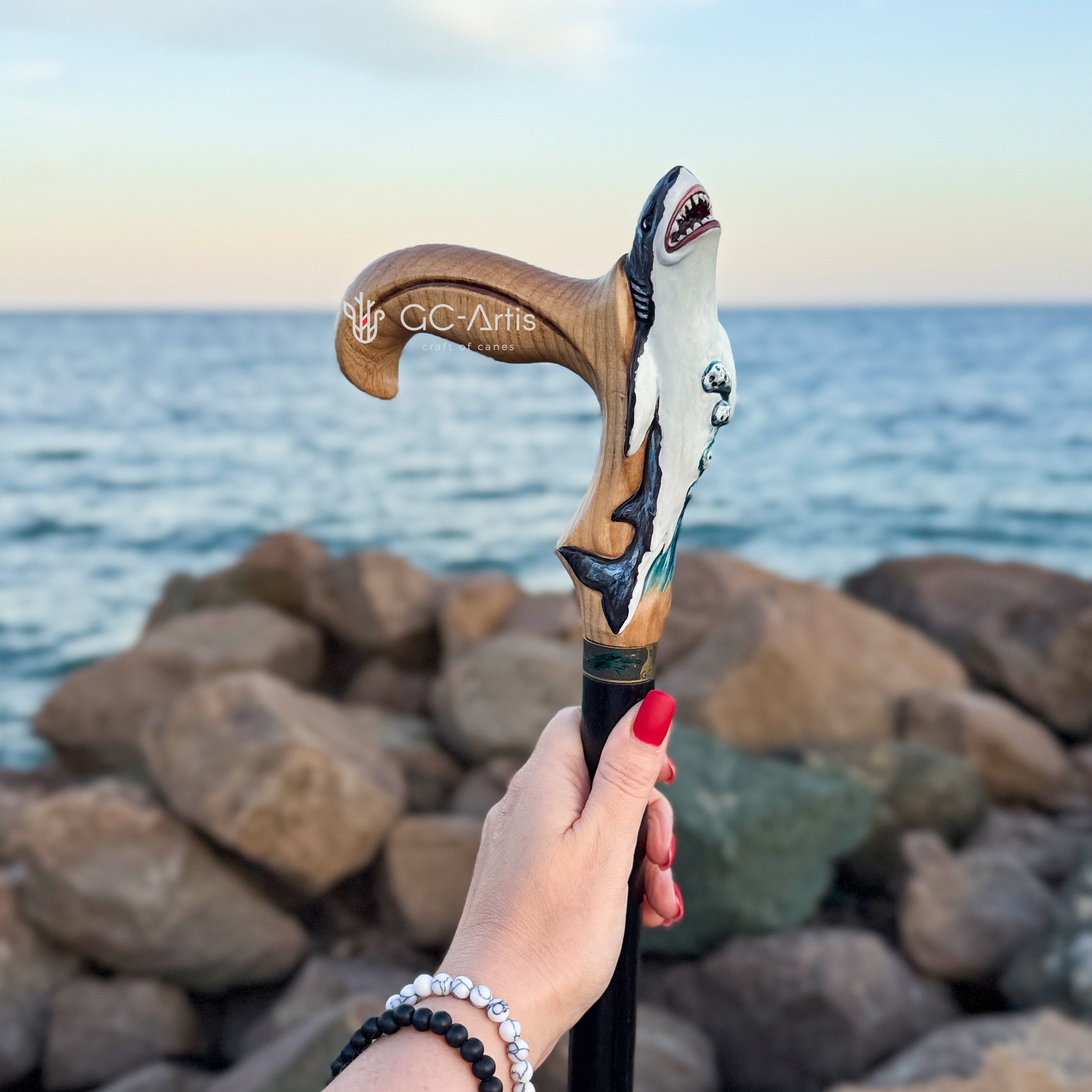 Light Wood Walking Cane Shark Fish Sea Style Handpainted