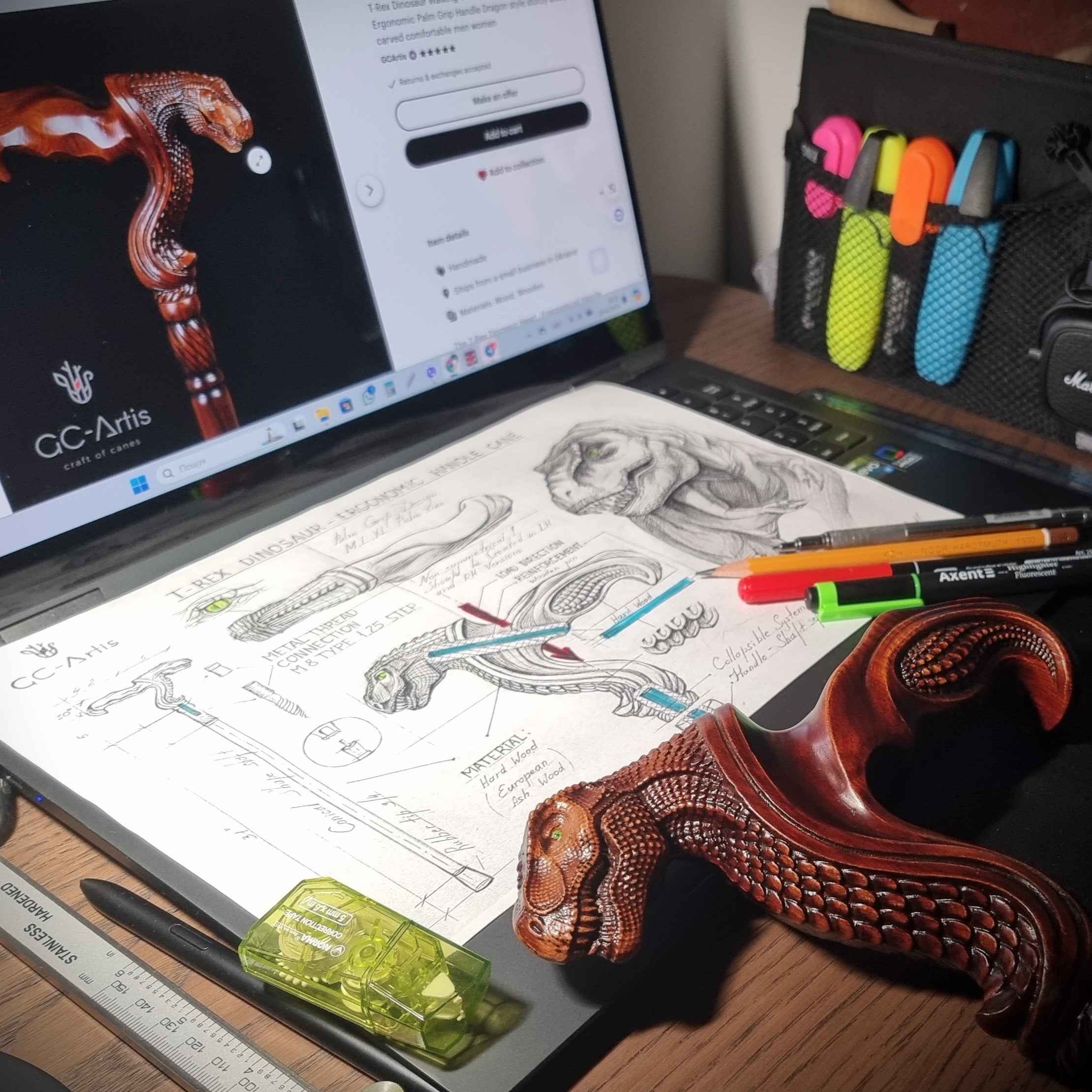 T-Rex Dinosaur Head - Ergonomical Handle Walking Stick Cane Wooden - GC-Artis Walking Sticks Canes