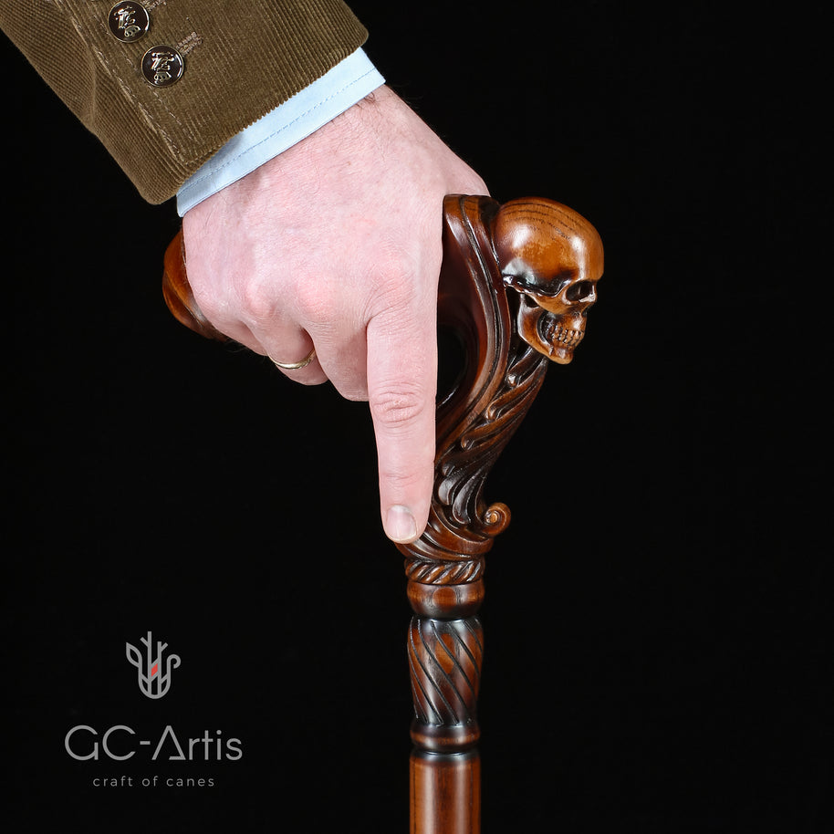 Canne de marche en bois avec pommeau tête de mort - Poignée ergonomique pour la paume