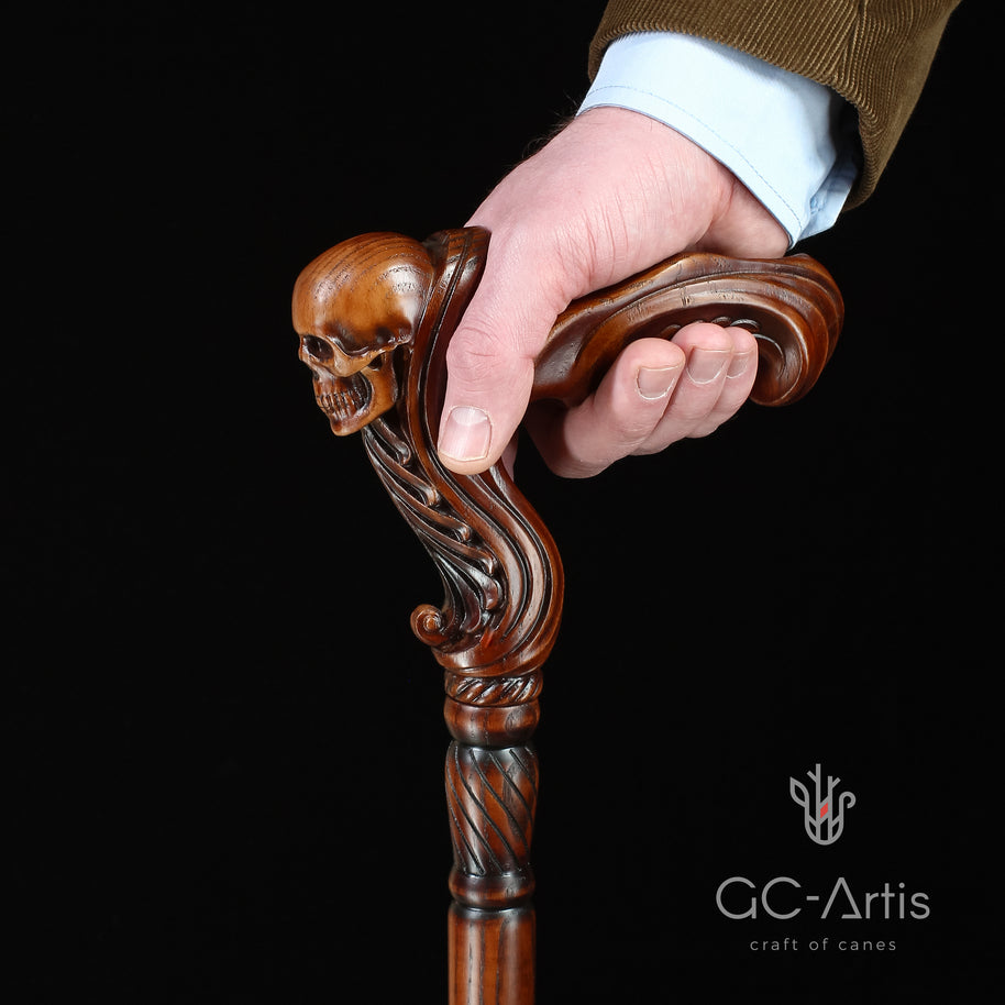 Canne de marche en bois avec pommeau tête de mort - Poignée ergonomique pour la paume