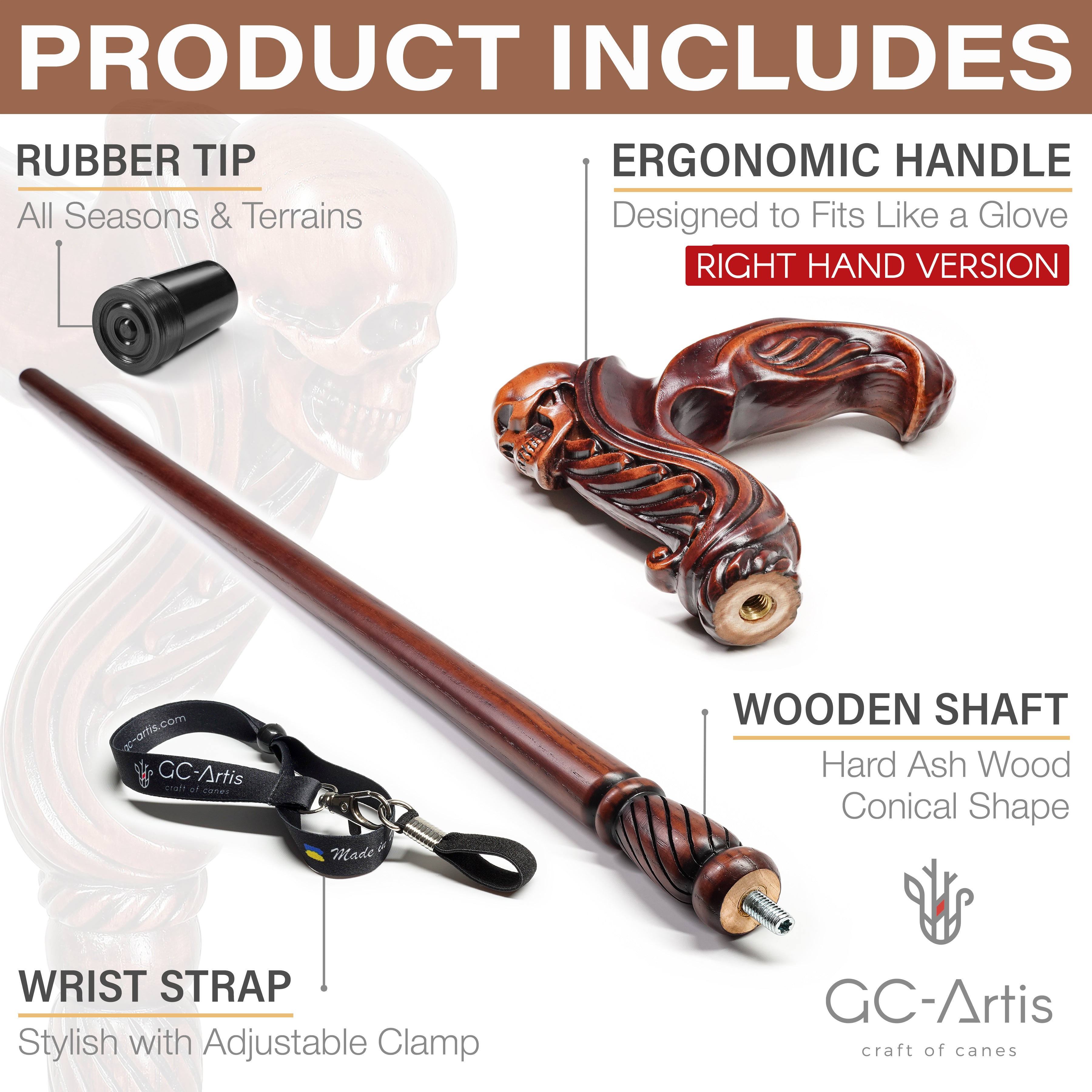 Skull Cane Wooden Walking Stick - Ergonomic Palm Grip Handle