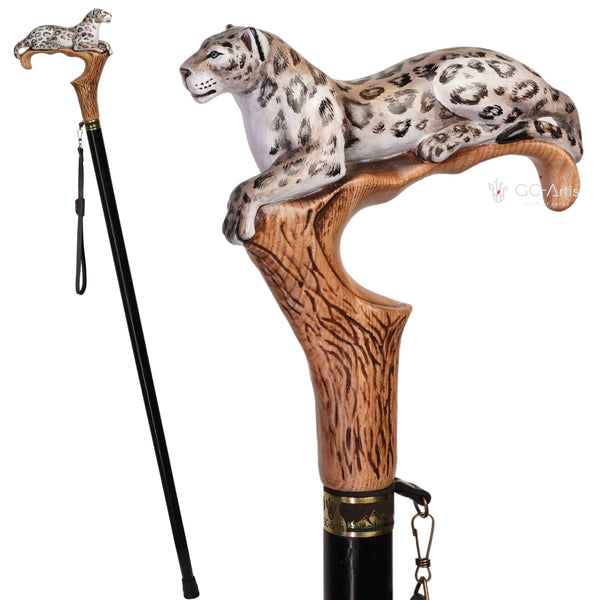Snow Leopard, Wild Cat Light Wooden Hand painted Walking Cane Stick