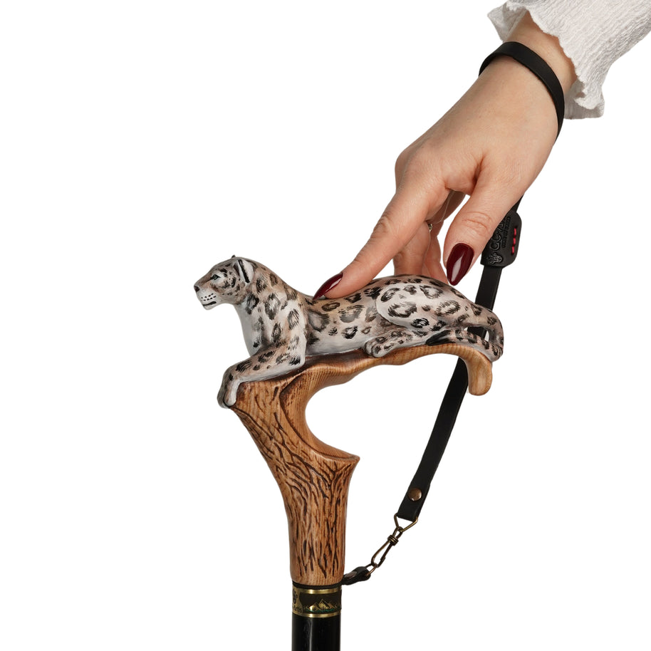 Irbis - Snow Leopard Hand Painted – Designer Wooden Walking Cane