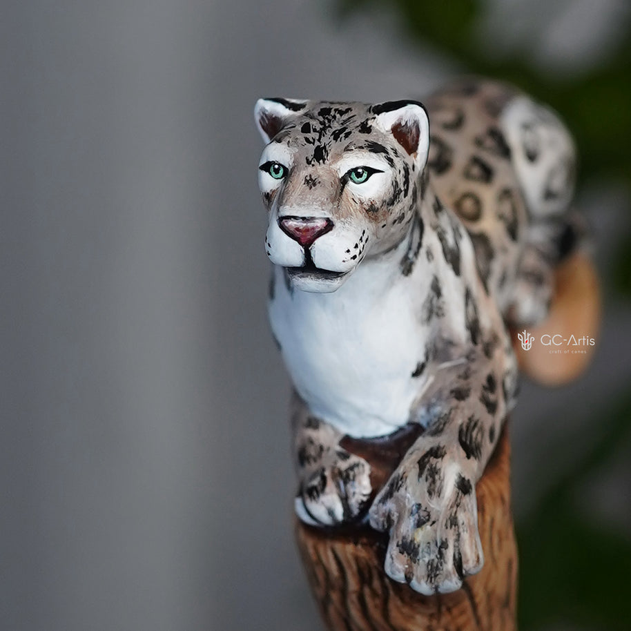 Irbis - Snow Leopard Hand Painted – Designer Wooden Walking Cane