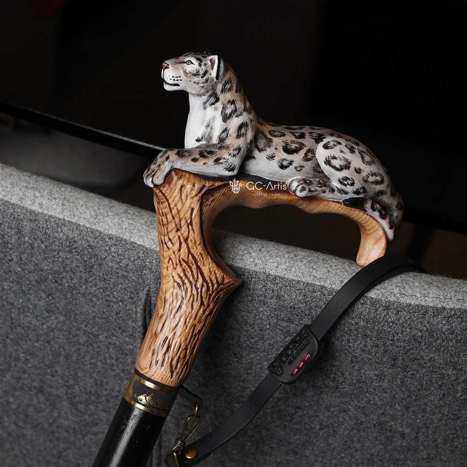 Irbis - Snow Leopard Hand Painted – Designer Wooden Walking Cane