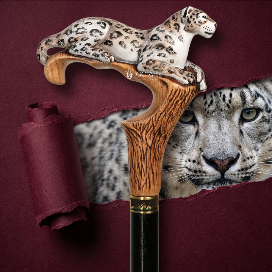 Irbis - Snow Leopard Hand Painted – Designer Wooden Walking Cane