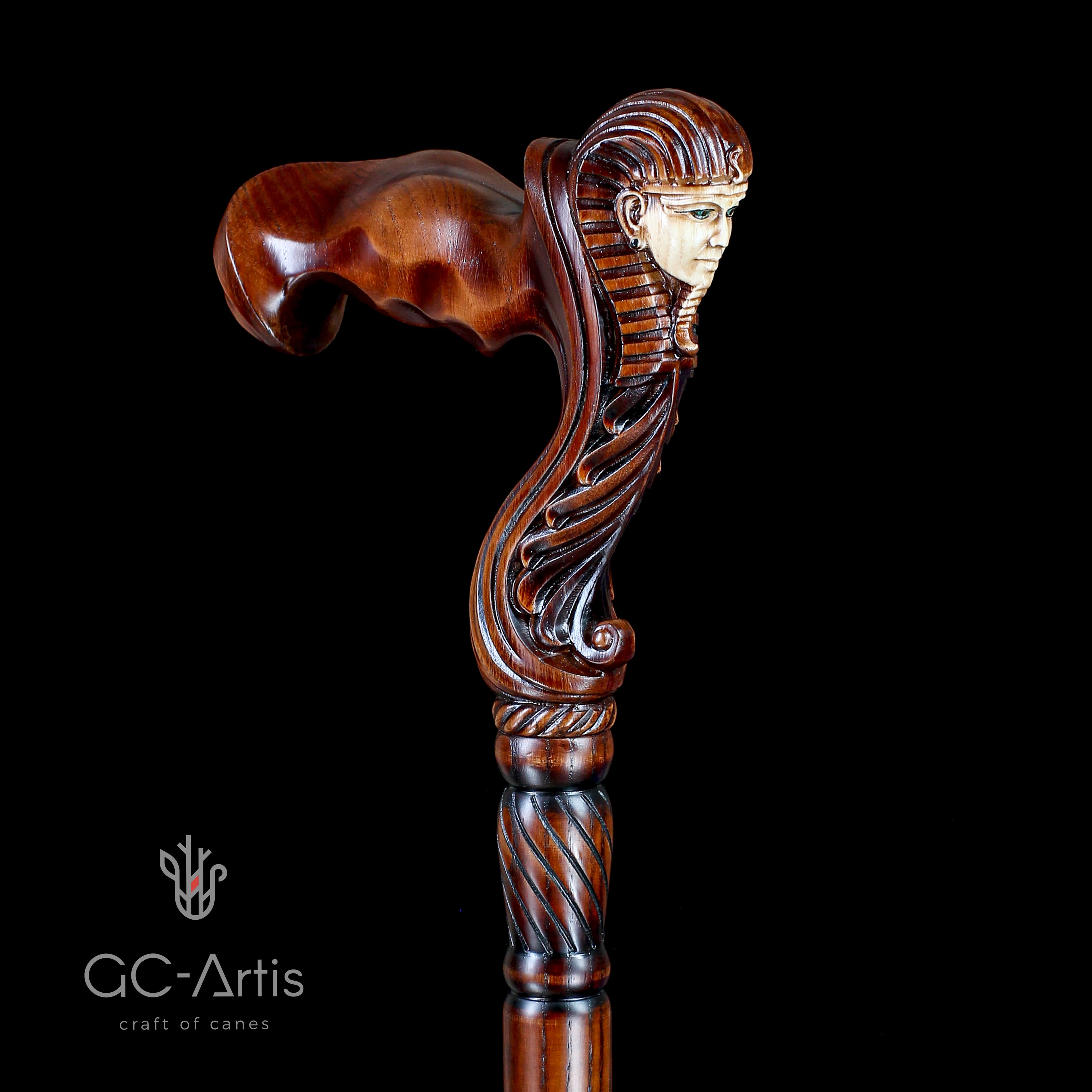 Wooden Walking Cane Stick Egypt Pharaoh - Ergonomic Handle