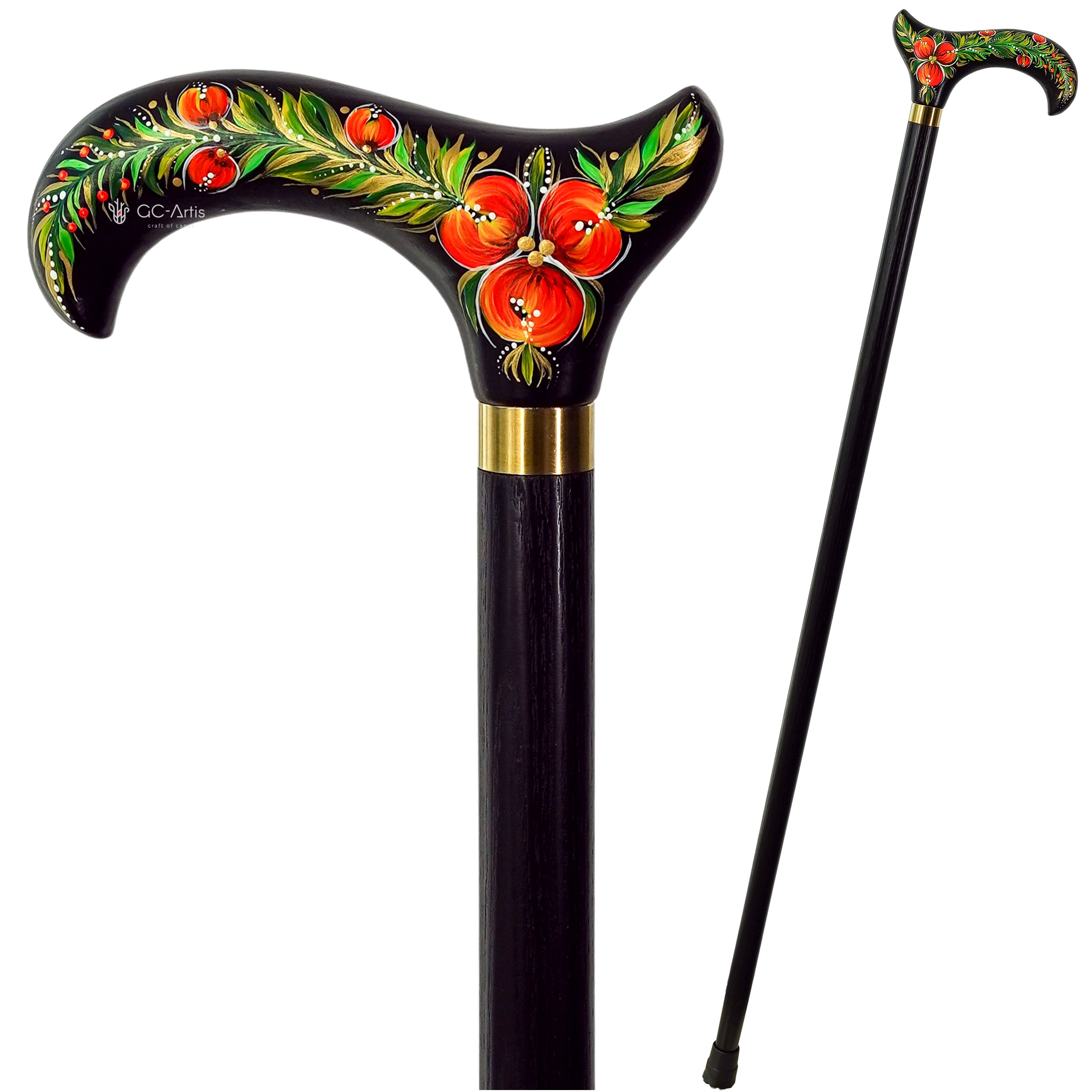 Spiral Muse Red & Black (Petrykivka) Hand Painted – Hand-Painted Artisan Walking Cane