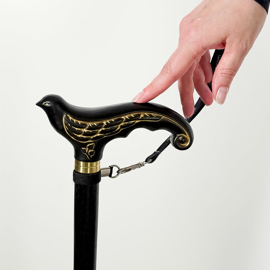 Canne de marche élégante en bois noir motif Hirondelle