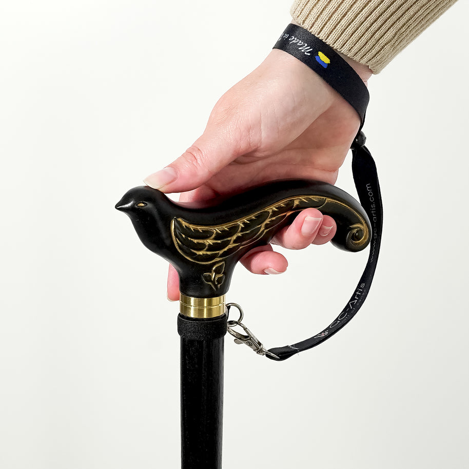 Canne de marche élégante en bois noir motif Hirondelle