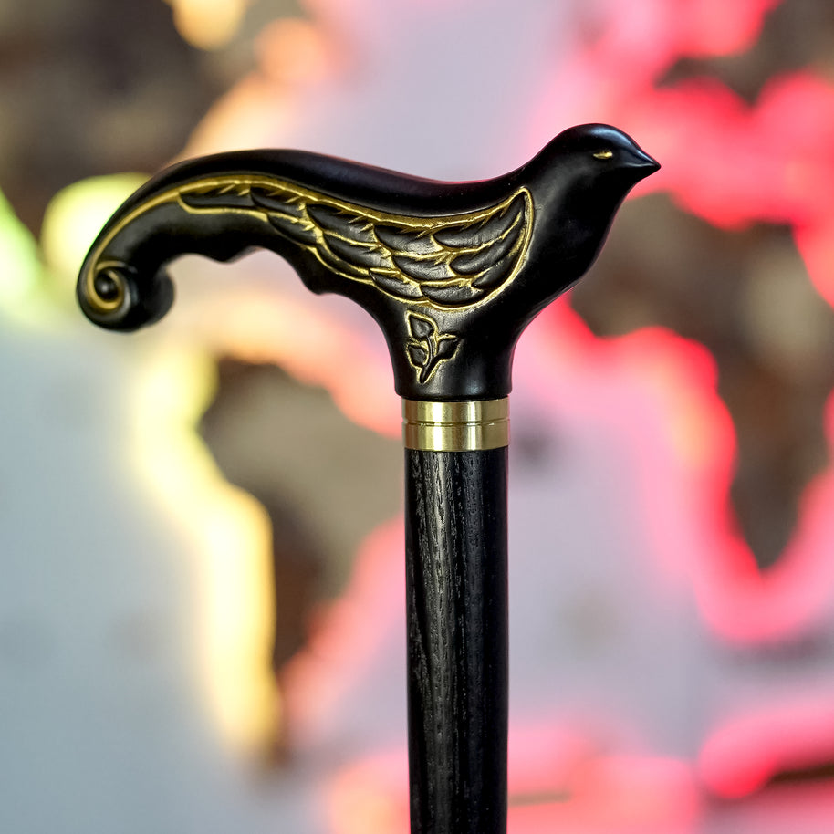 Canne de marche élégante en bois noir motif Hirondelle