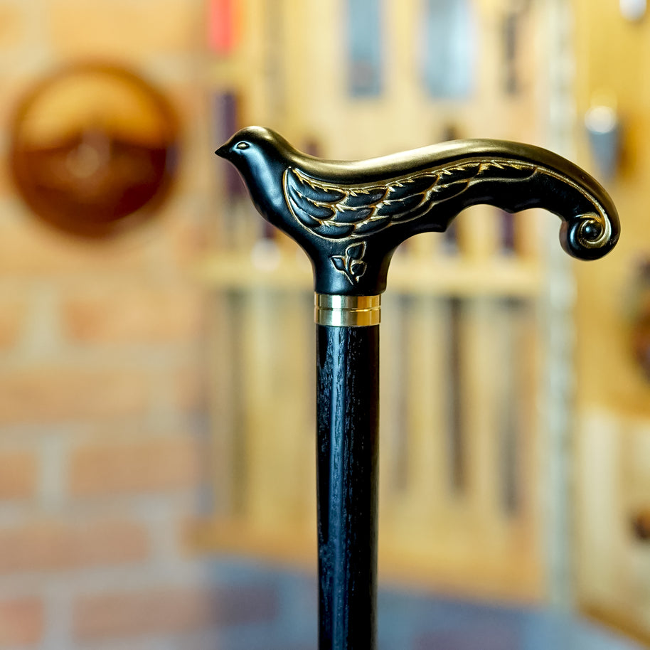 Canne de marche élégante en bois noir motif Hirondelle