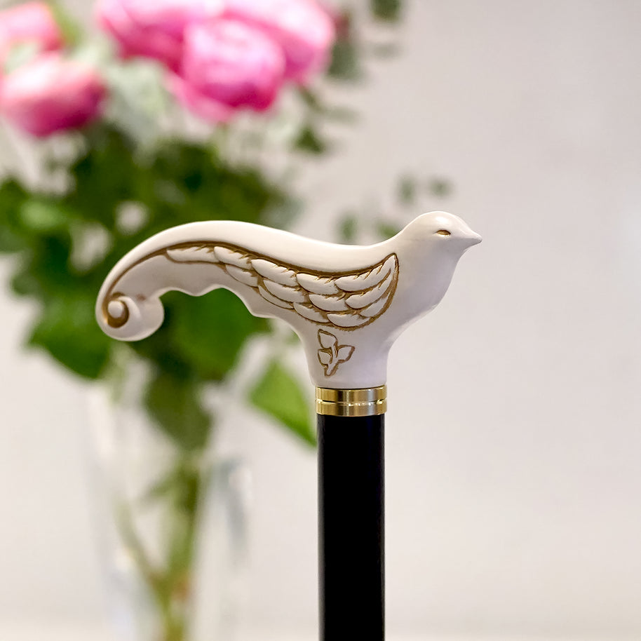 Canne de marche pour femme en bois blanc avec oiseau hirondelle
