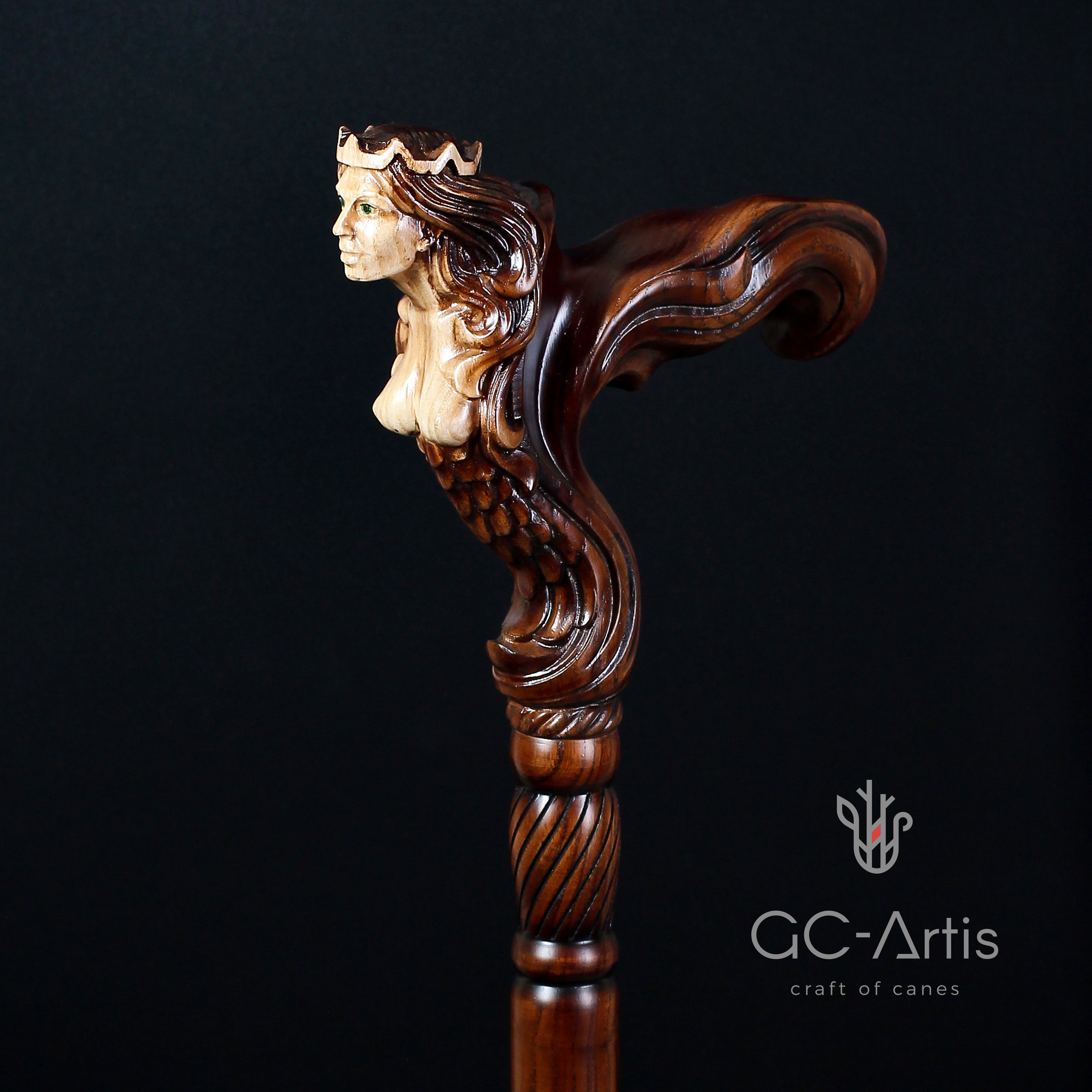 Ergonomic Palm Grip Handle Wooden Walking cane Fantasy Syren