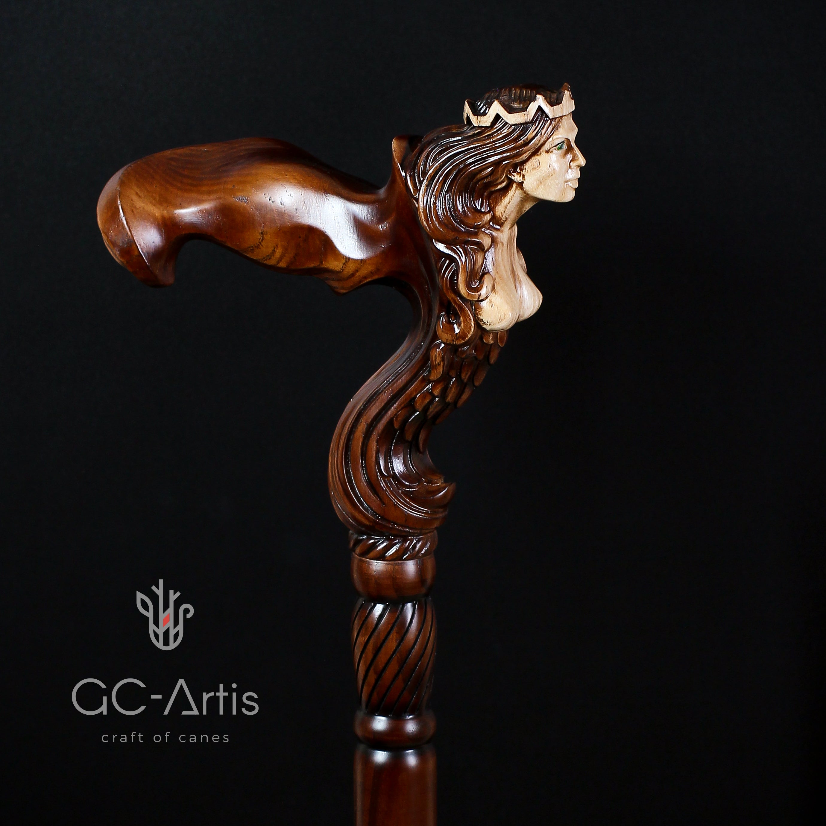 Ergonomic Palm Grip Handle Wooden Walking cane Fantasy Syren