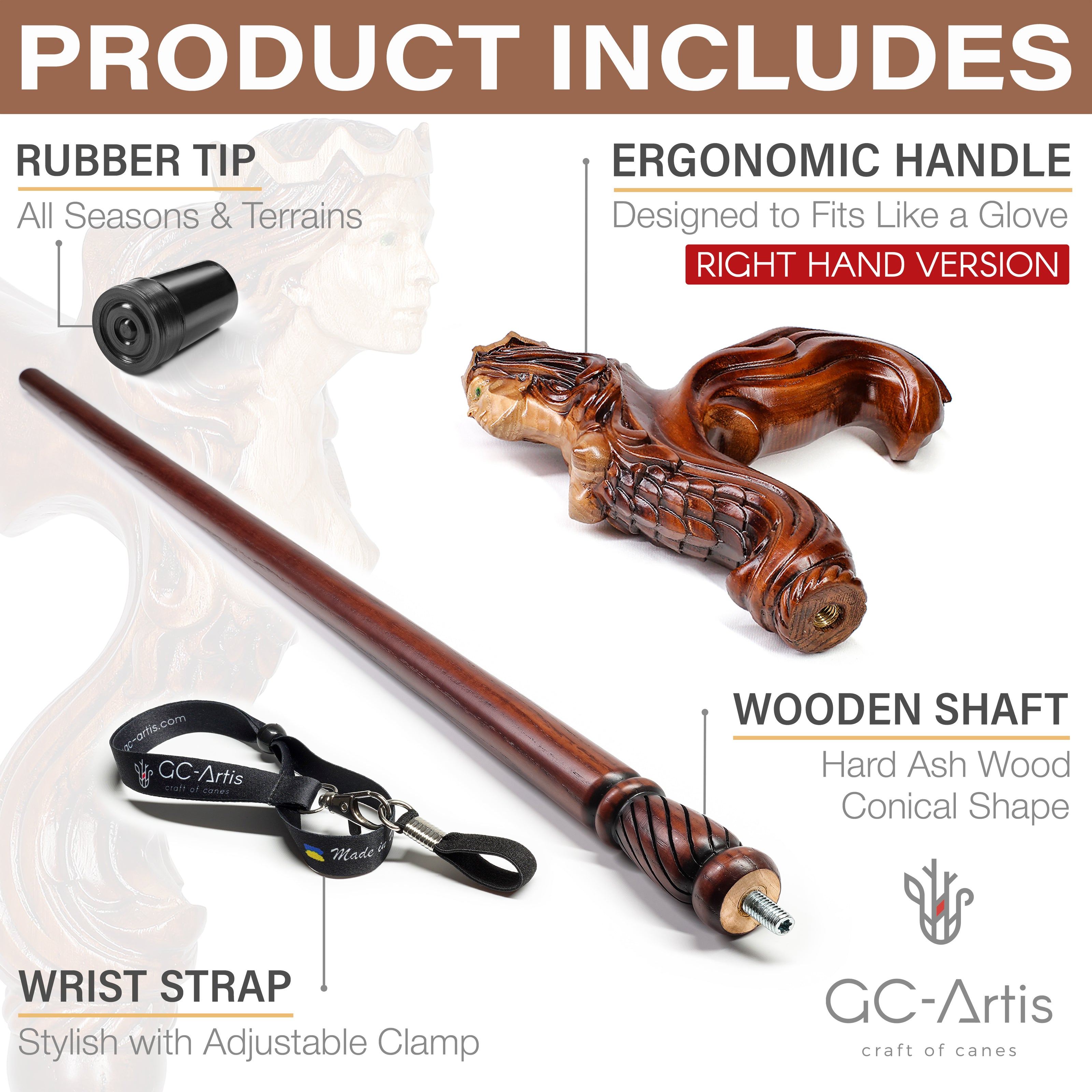 Ergonomic Palm Grip Handle Wooden Walking cane Fantasy Syren