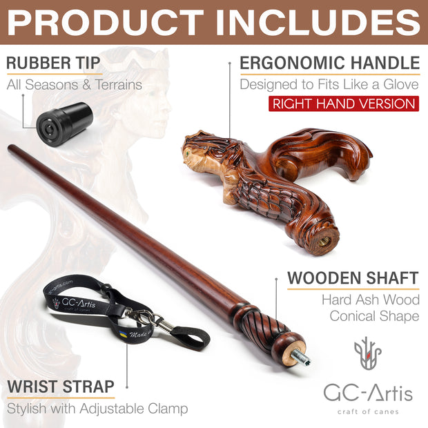 Ergonomic Palm Grip Handle Wooden Walking cane Fantasy Syren
