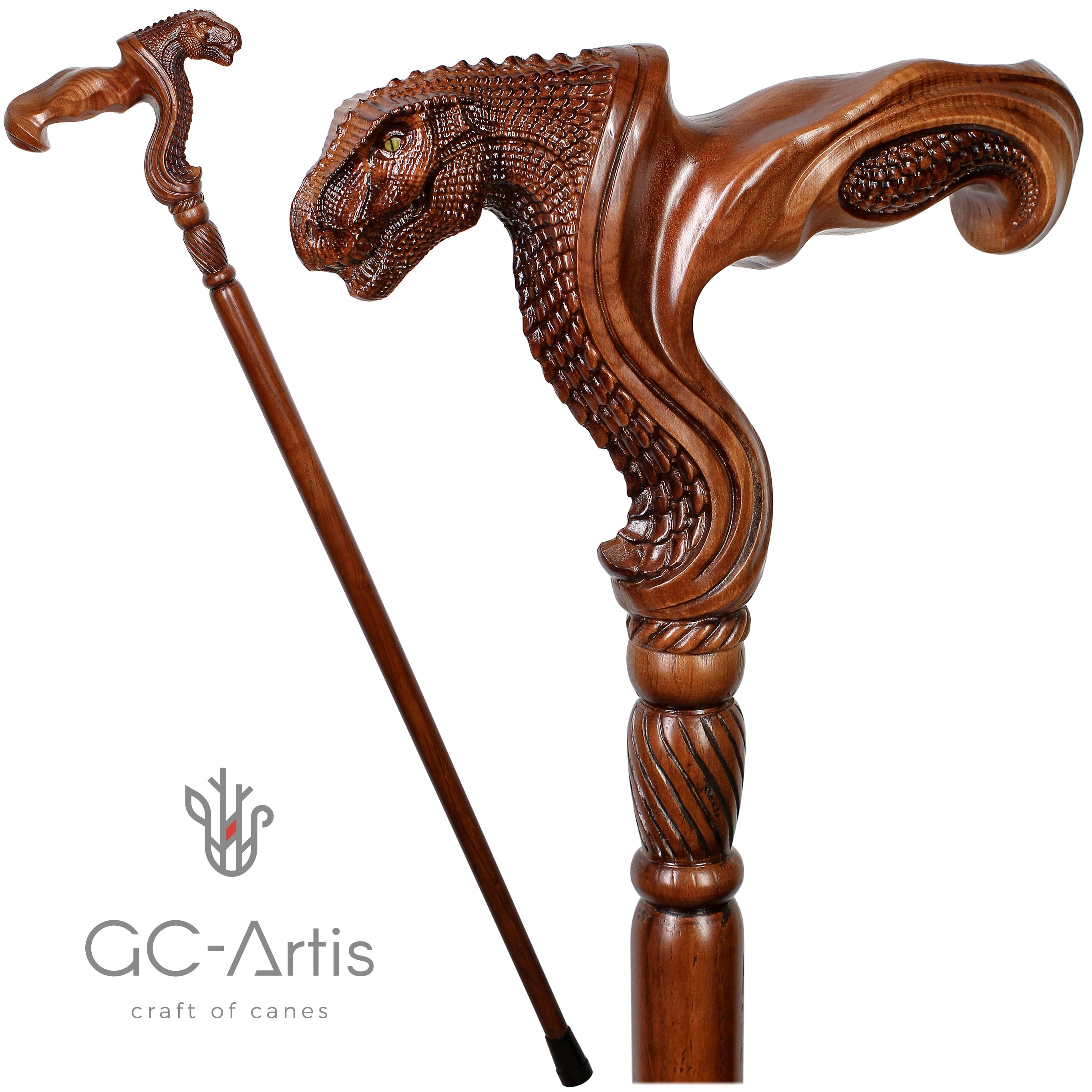 T-Rex Dinosaur Head - Ergonomical Handle Walking Stick Cane Wooden - GC-Artis Walking Sticks Canes