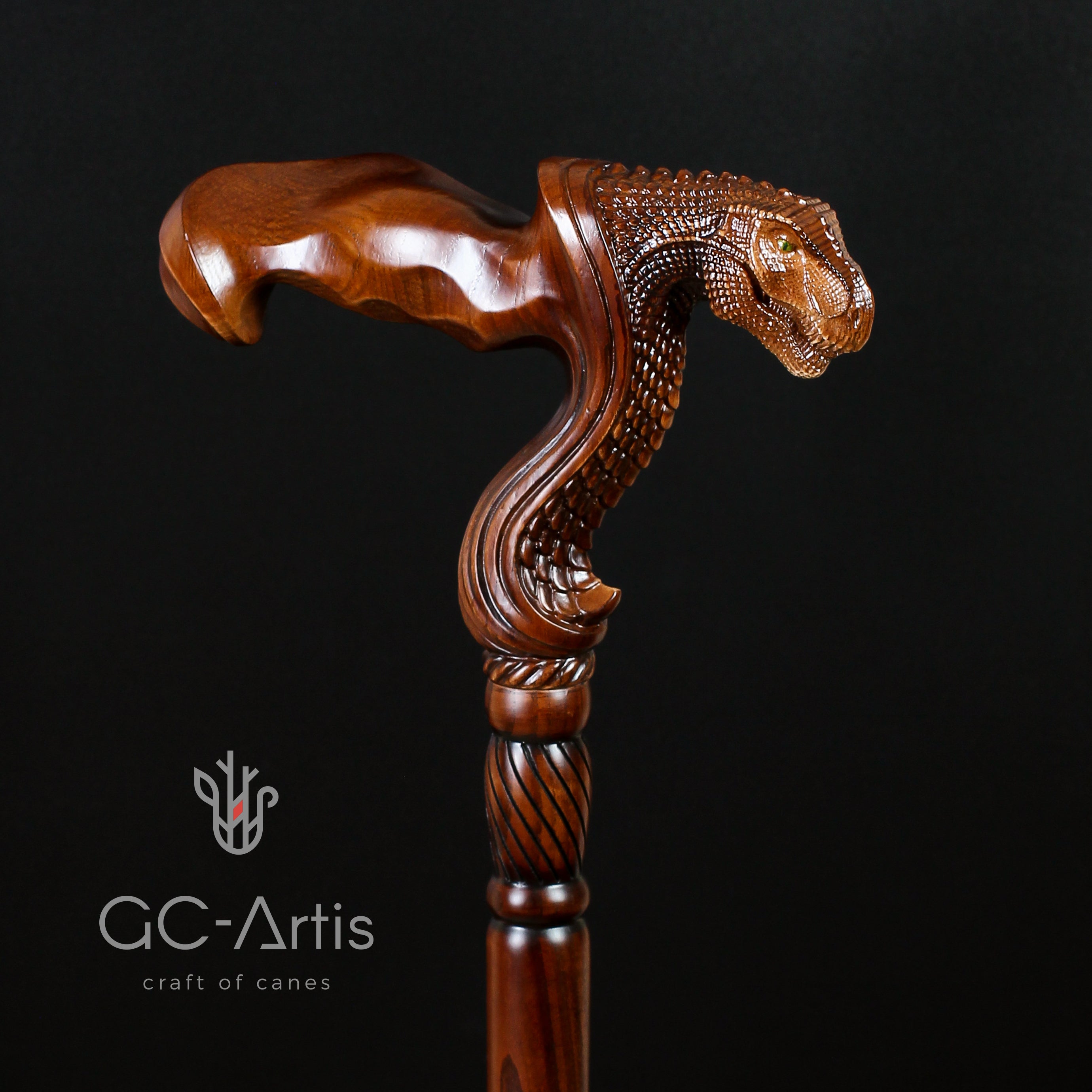 T-Rex Dinosaur Head - Ergonomical Handle Walking Stick Cane Wooden - GC-Artis Walking Sticks Canes